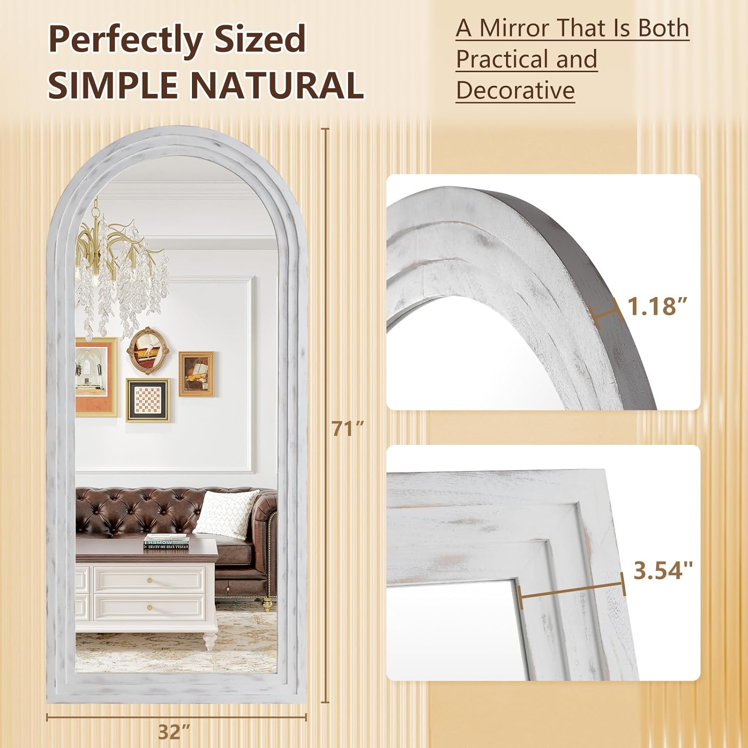 Rustic Full Length Mirror with Stand, 71"X32" Large Arched Farmhouse Wood Floor Mirror, Leaning or Wall Mounted Free Standing, Tempered Glass Full Body Mirror for Bedroom Living Room Store, White - Image 5