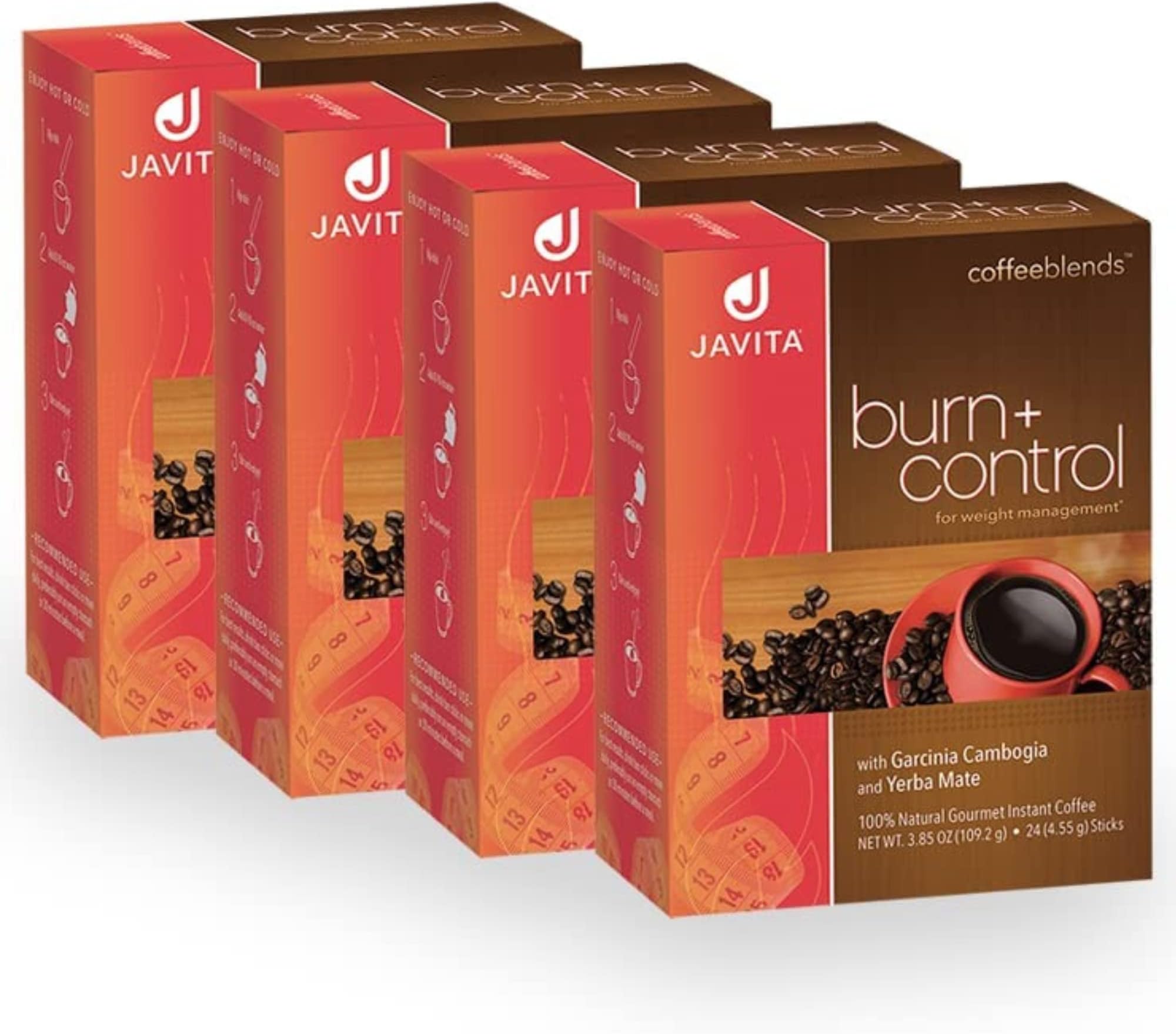 Burn + Control Instant Coffee – Smooth Arabica Blend with Garcinia & Yerba Mate – Supports Metabolism & Daily Energy – Convenient Slim-Style Coffee Mix (4 box/96 serv.)