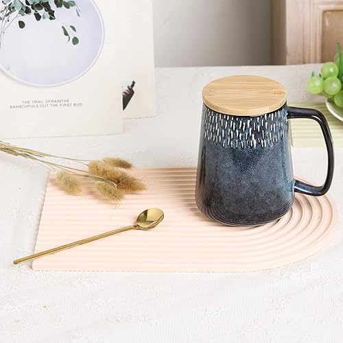 Miniatura 4 de Tazas de café grandes de cerámica, 24 onzas, con cuchara y tapa de madera, para café, té, diseño de mango grande, aptas para microondas y