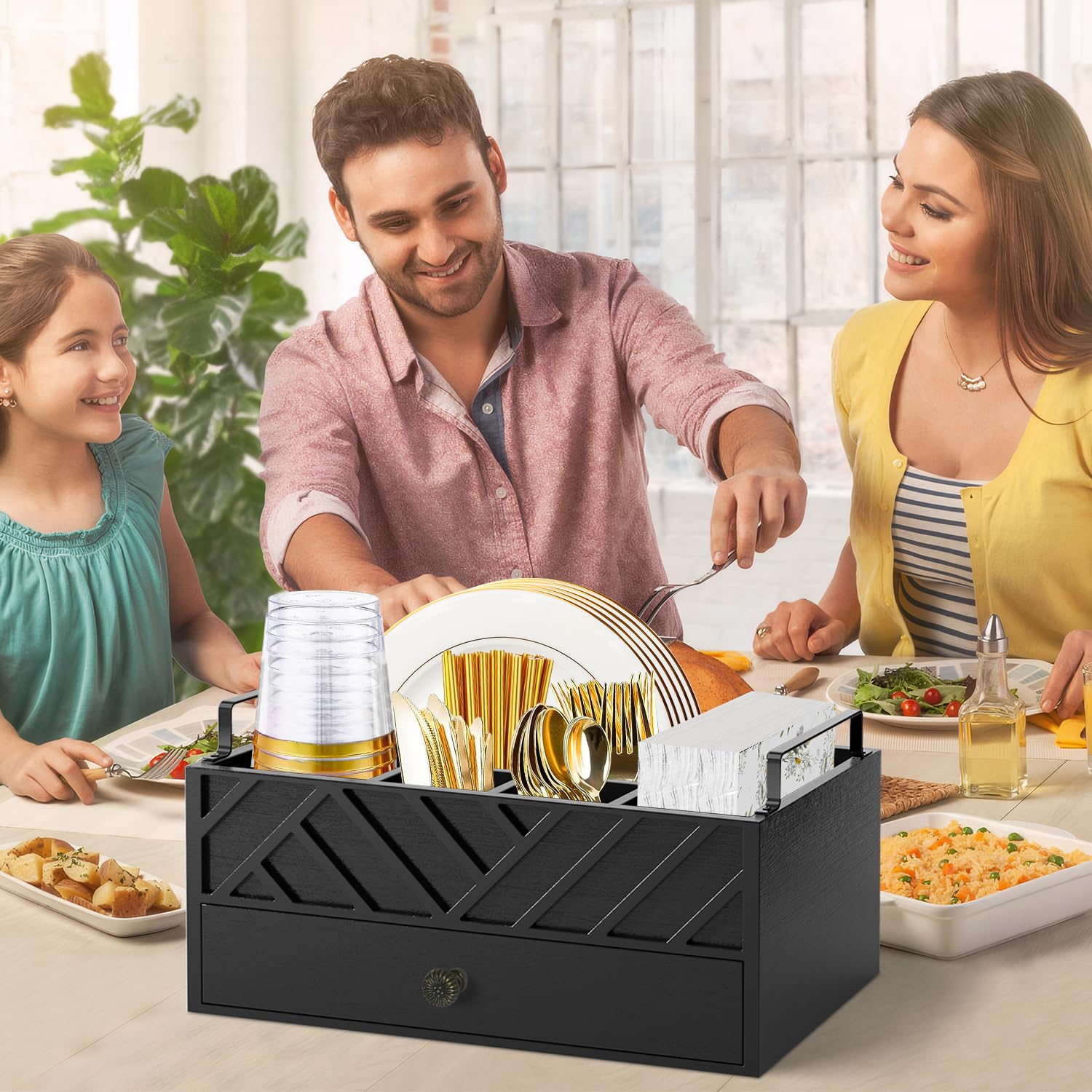 Pappteller-Spender mit Schublade für Küchenarbeitsplatte, Holz-Pappteller-Halter mit großem Getränkehalter, rustikaler Besteck-Caddy-Halter für Besteck, Pappteller-Organizer (schwarz mit Gravur)
