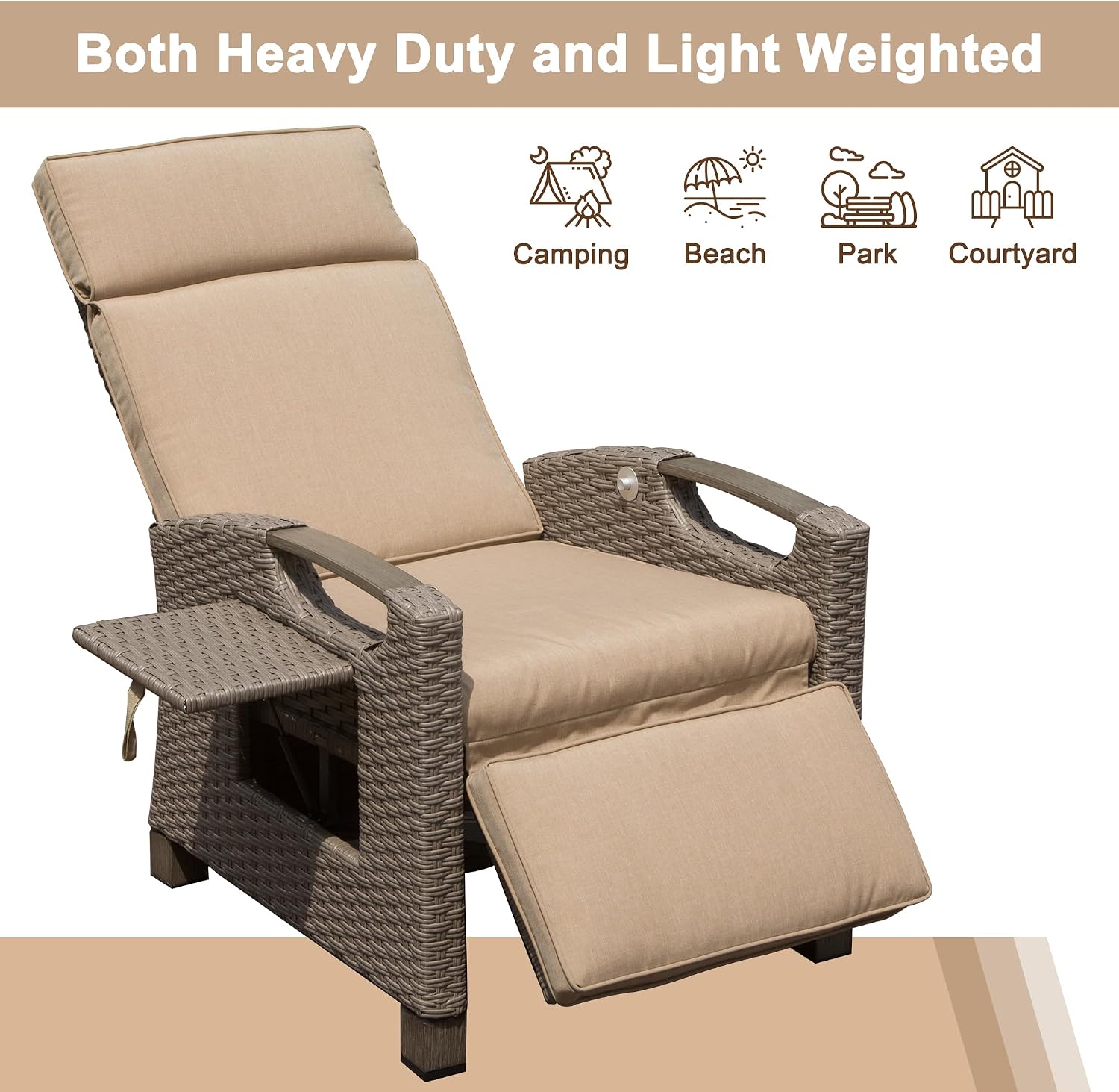 Domi Outdoor Recliner Chair, Patio Recliner with Hand-Woven Wicker, Flip Table Push Back, Adjustable Angle, Thickness Cushions, Reclining Lounge Chair for Indoor & Outdoor Use, Beige
