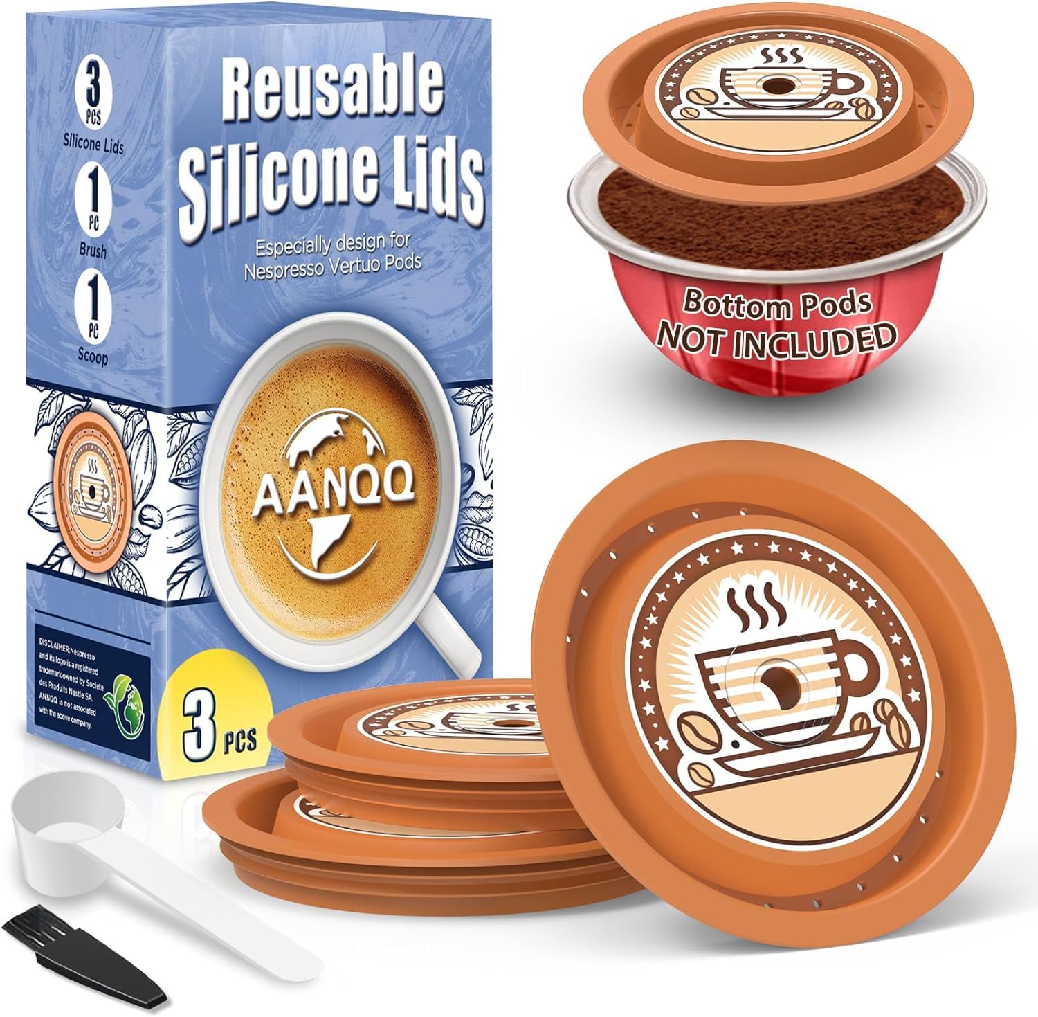 AANQQ Reusable Lids for Nespresso Pods Vertuo, 3pcs Food Grade Silicone Caps for Any Sizes of Reusable Nespresso Vertuo Pod Refillable Vertuo Capsule (3pcs Silicone Lids-No Capsule)