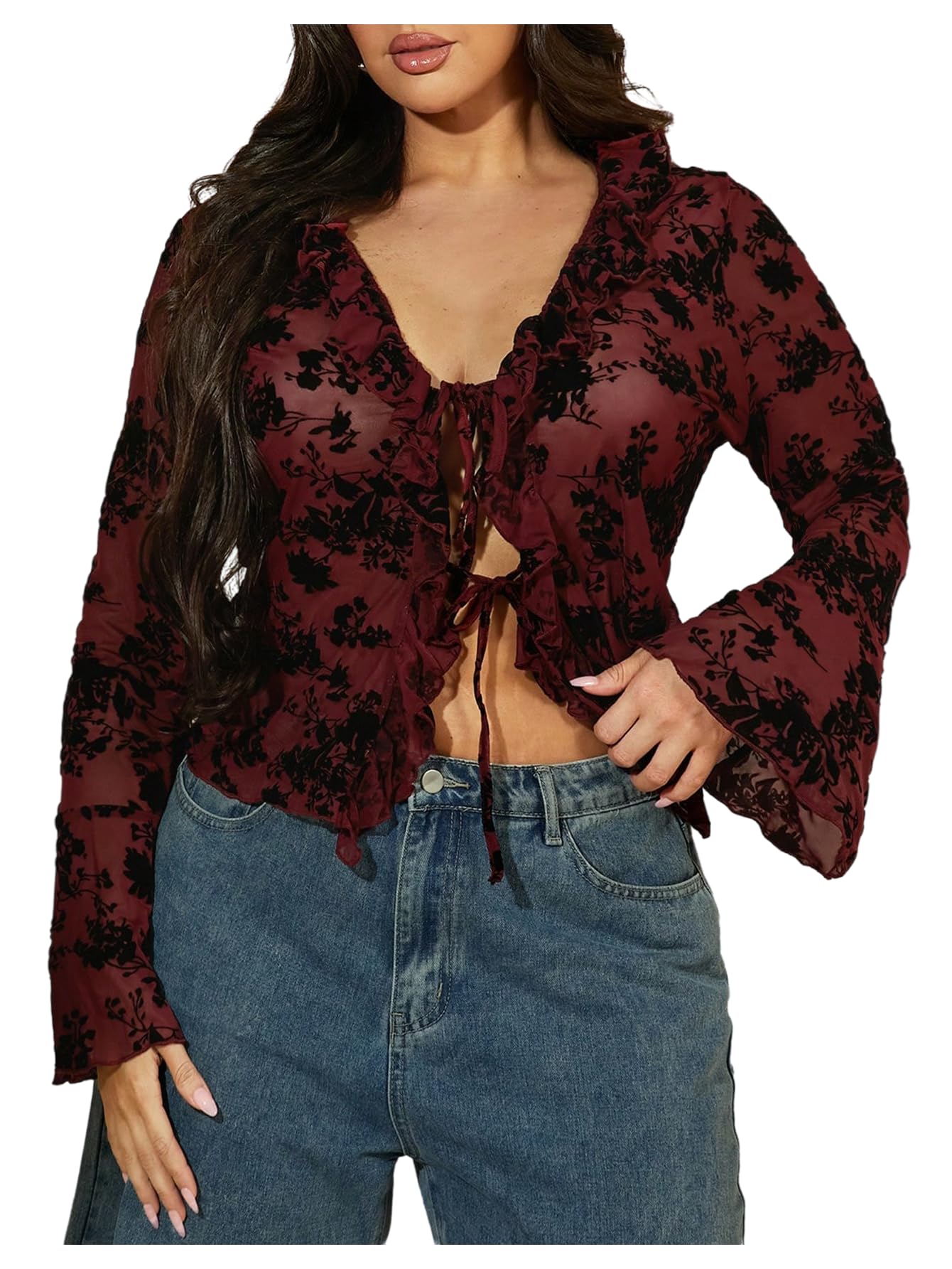 WDIRARA Women's Plus Size Floral Lace Sheer T Shirt Tie Front Long Bell Sleeve Tee Going Out Tops: Large Plus Burgundy