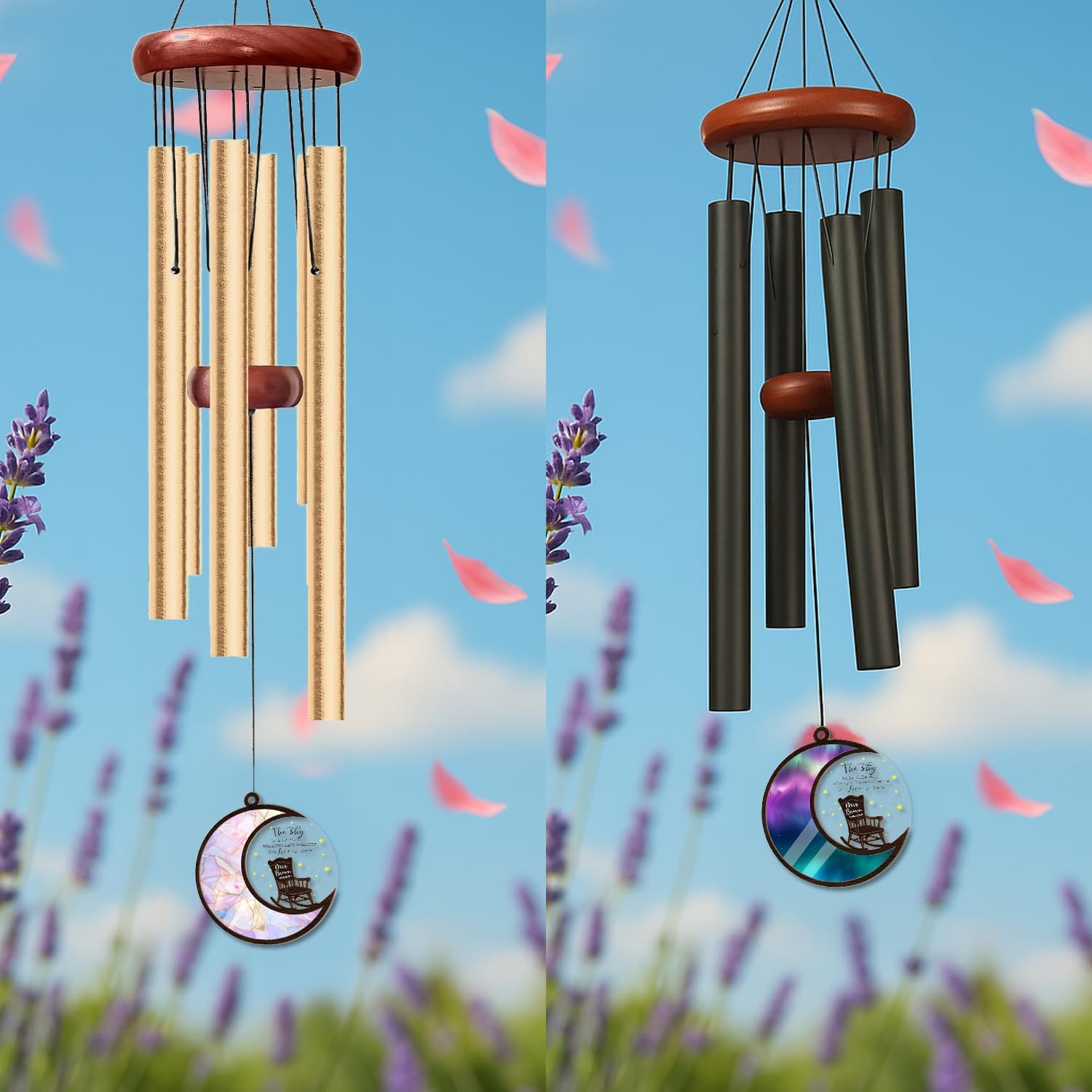 Personalized Moon Memorial Wind Chime – Crescent Wooden Plate with Floral Chair Artwork, “The Sky Looks Different Now” Quote, Custom Name & Years – Remembrance Gift for Loss of Mom, Wife, Grandma