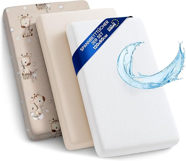 Lenzuola con angoli per passeggino Set di 3: 60x120 cm - 2 lenzuola + 1 coprimaterasso impermeabile - Accessori per lettino per culla co-sleeping carrozzina 60 x 120 - 1