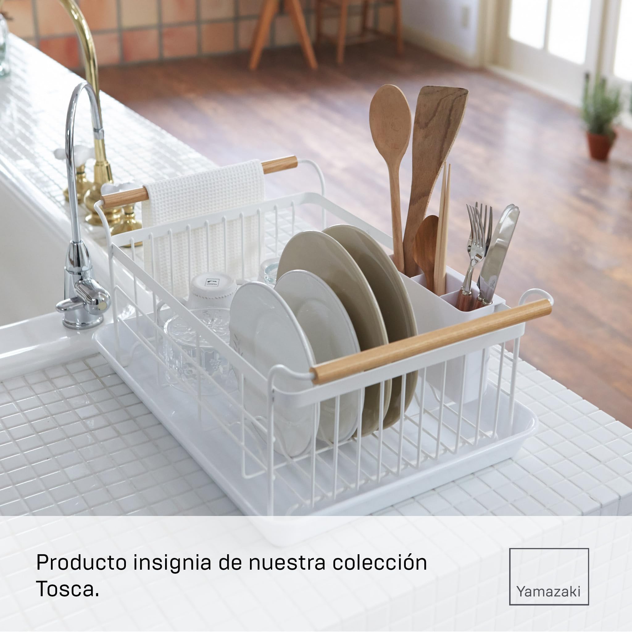 Yamazaki 3107 Tosca Dish Drainer, White, Steel/Wood/ABS Resin, 47 x 33.5 x 20 cm