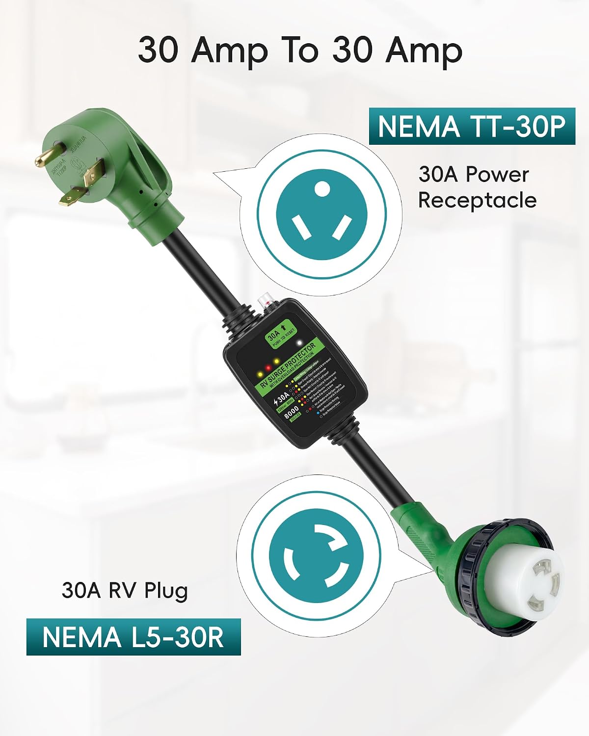 RV Surge Protector 30 Amp RV Adapter with Overload Protection, NEMA TT-30P to NEMA L5-30R Electrical Power Adapter, 8000J Surge Protection, 10/3 AWG, 2 FT, Green, ETL Listed