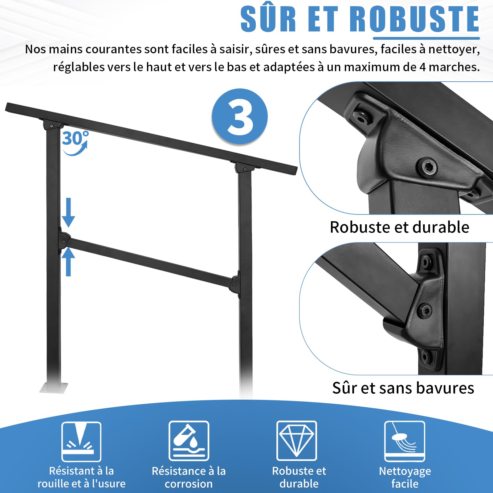 OUUTMEE Main Courante d'Escalier pour 2 à 3 Marches, 100CM | Rampe d'Escalier pour Extérieur, Fer Forgé, Garde-Corps Réglable, Pour Escalier Balcon Porche Jardin Garage