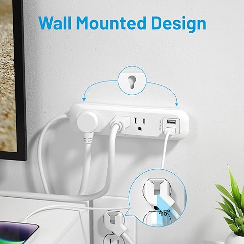 Miniatura 4 de Cable de extensión plano con protector de sobretensiones con puertos USB, 3 tomas, 2 USB A, regleta de alimentación de enchufe plano montable para