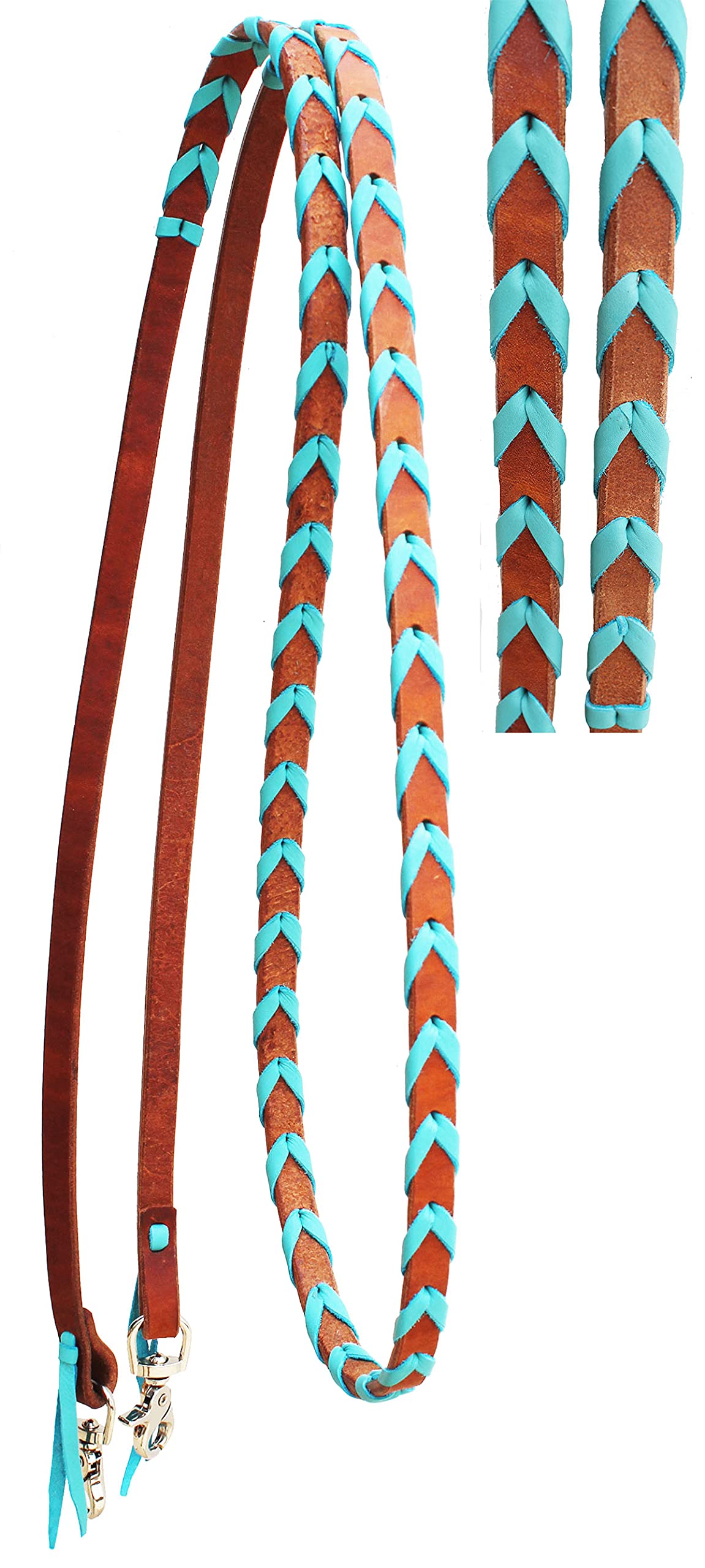 CHALLENGERHorse Western Amish Leather Turquoise Laced Barrel Contest Reins 6686