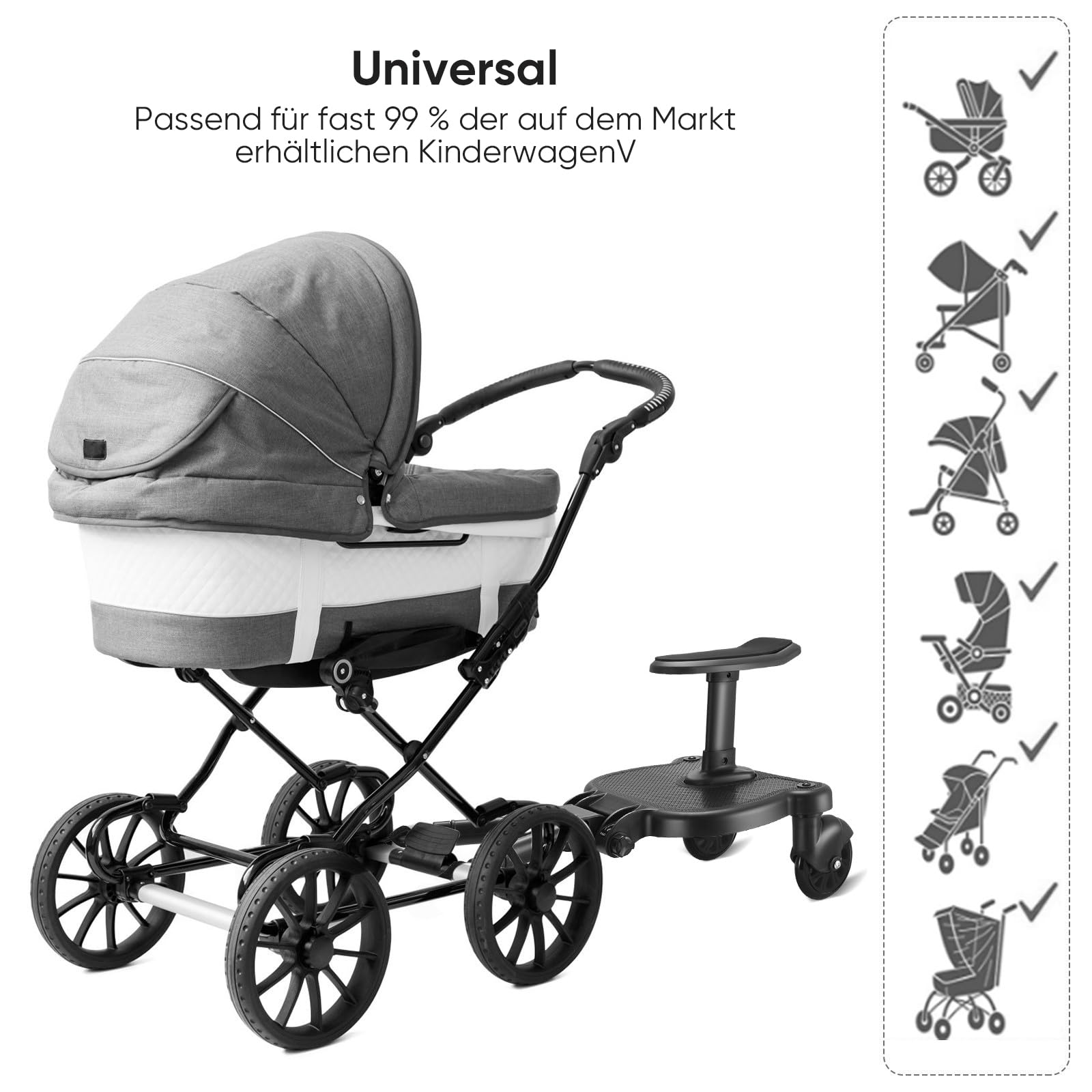 RINRI Planche Poussette Universelle, Marche Pied Poussette avec Siège, Skate Poussette Universelleavec Sac Organisateur de Landau, Compatible avec 99% des Poussettes, pour Enfants de 2 à 6 Ans