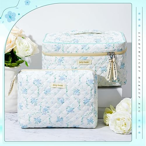 Miniatura 4 de Zeyune 2 bolsas de maquillaje acolchadas de viaje grandes para mujer, bonita bolsa de aseo de algodón floral, bolsa de cosméticos estética de peonía