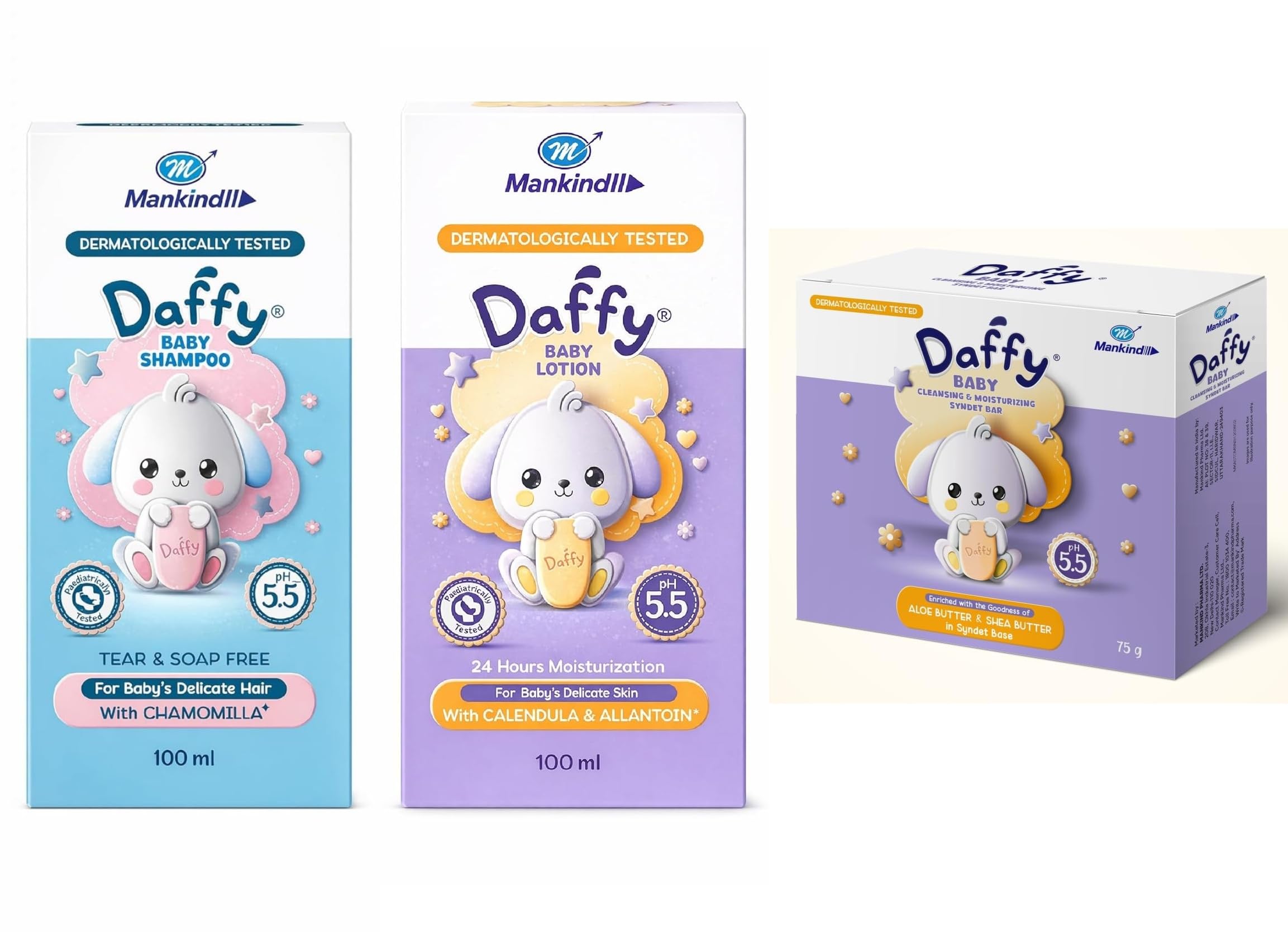 Daffy Baby Essential Mini Combo: Tear-Free Shampoo (100ml), Baby Lotion (100ml) and Moisturizing Syndet Soap (75g) | Gentle pH 5.5 Formula for Newborns & Kids