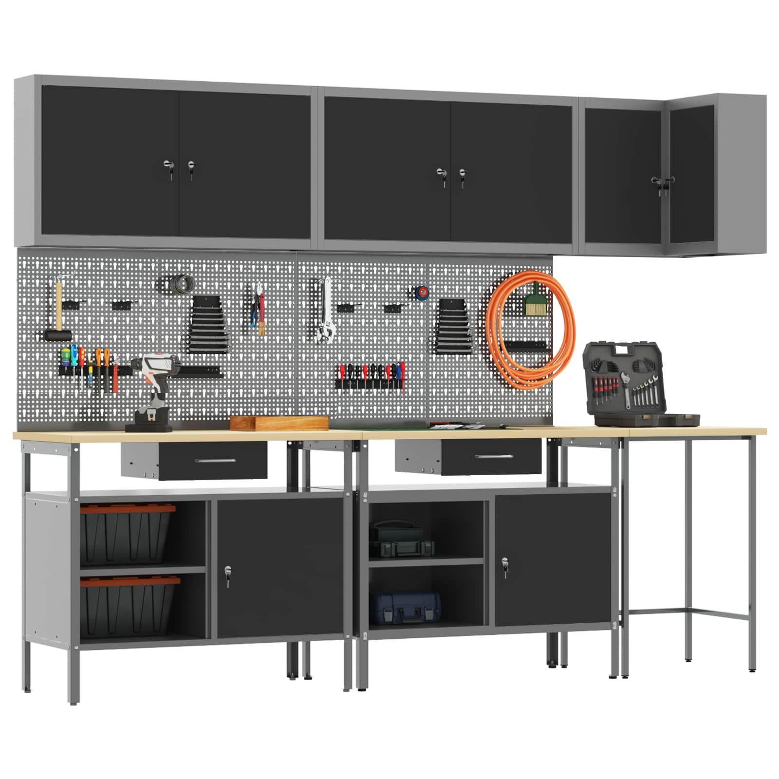 Arbeitsschrankset mit Schubladen 10-teilig Schwarz Grau aus pulverbeschichtetem Stahl und Holzwerkstoff 255x55x220 cm Werkstattwagen mit Werkzeugaufbewahrung und Ordnungssystem für Garage