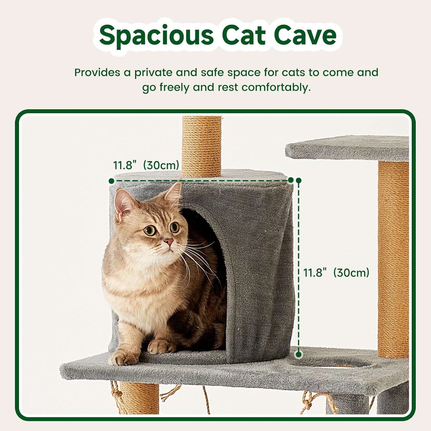 Multi-Level Cat Tree Tower, 132cm Tall, Grey Plush with Condo, Hammock, Platforms, Sisal Posts, 55x38cm Base