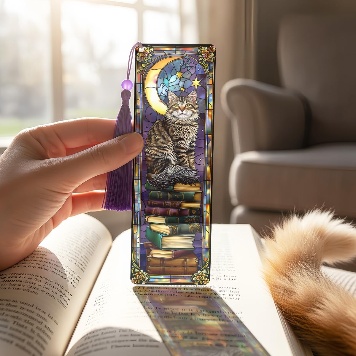 4 Pcs Fantasy Animal Bookmarks Gifts for Reading Women, Stained Glass Transparent PVC Book Marks with Tassels, Cute Black Cat Design Gift, Cool Book Accessories for Book Lovers Bookish - Image 5
