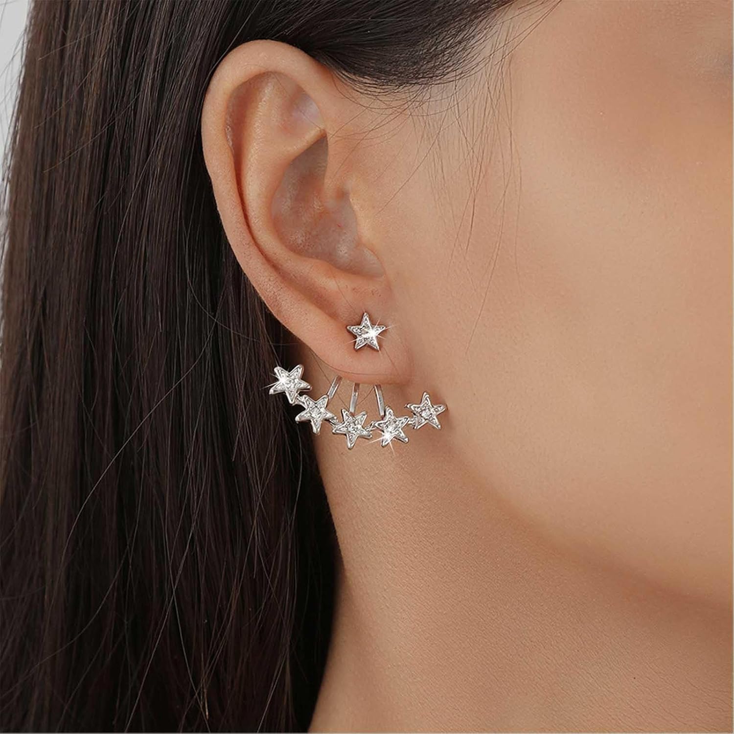 Boho Crystal Star Stud Earrings Silver Cz Ear Jacket Earrings Tiny Star Ear Climber Earrings Rhinestone Front Back Earrings Jewelry for Women - Image 2