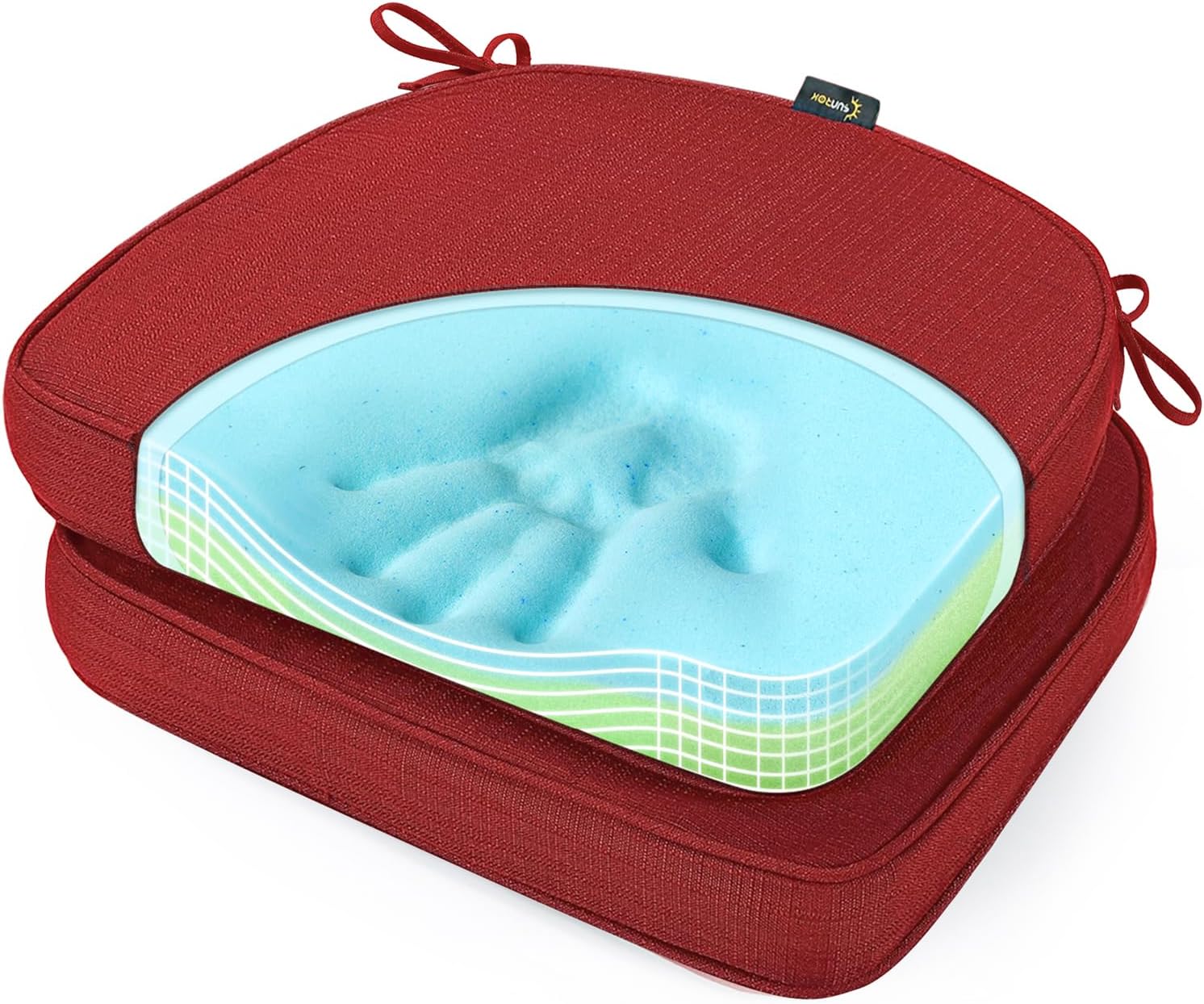 SUNROX Gel Memory Foam Chair Cushions, FadeShield Water-, Stain-Resistant Durable Reversible Seat Cushion Pads with Ties for Indoor/Outdoor Kitchen Dining Office 17\"x16\" Set of 2, Burgundy Burgundy 17x16 Inch (Pack of 2)