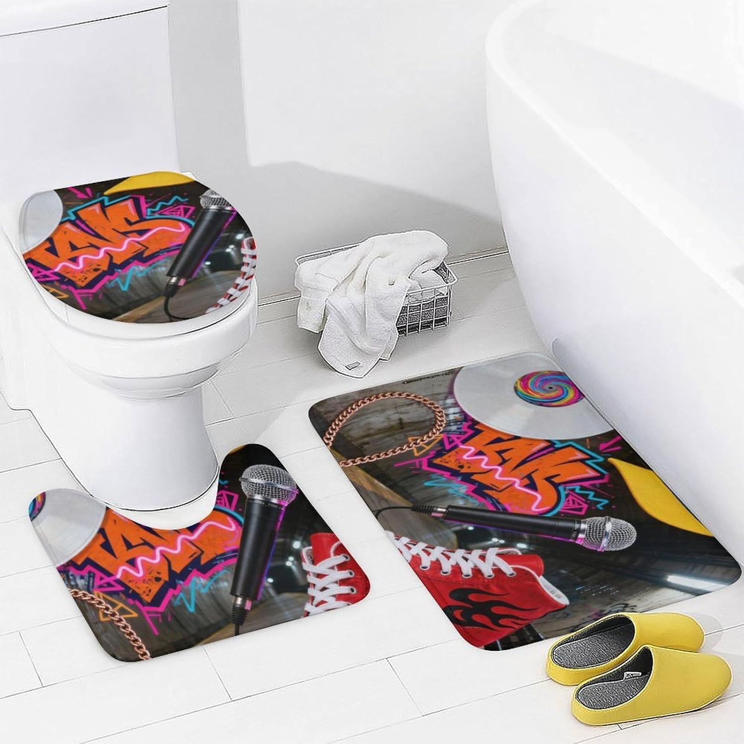 4 Piece Bathroom Rug Set with Shower Curtain, Non-Slip Bath Mat Toilet Cover Set, Hip-hop Keychain Bathroom Rug Sets