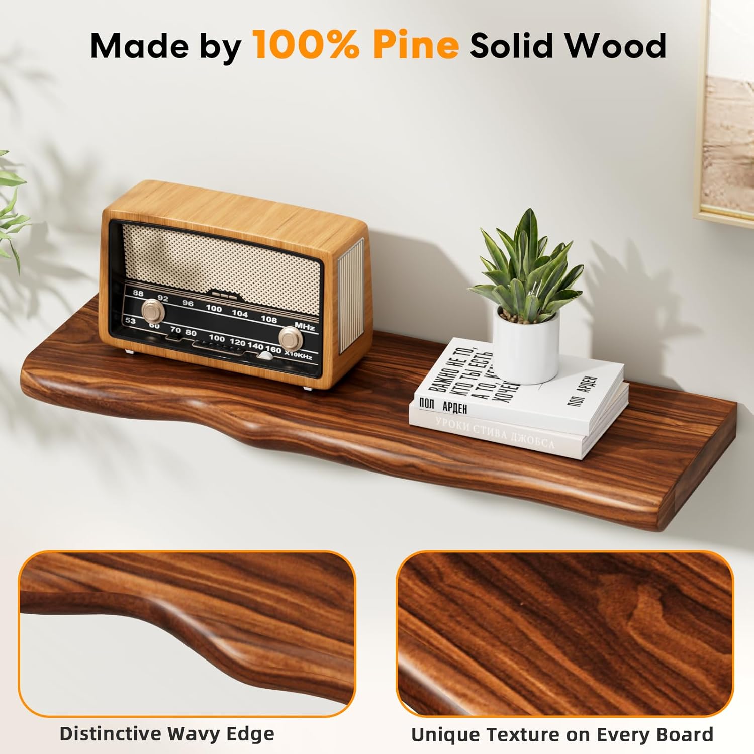 Floating Shelves for Wall Rustic Farmhouse 24 Inch Floating Shelf Bathroom Wooden Shelves for Wall Mounted Live Edge Pine Wall Shelf with Unique Natural Grain for Living Room Bedroom Kitchen (Walnut)