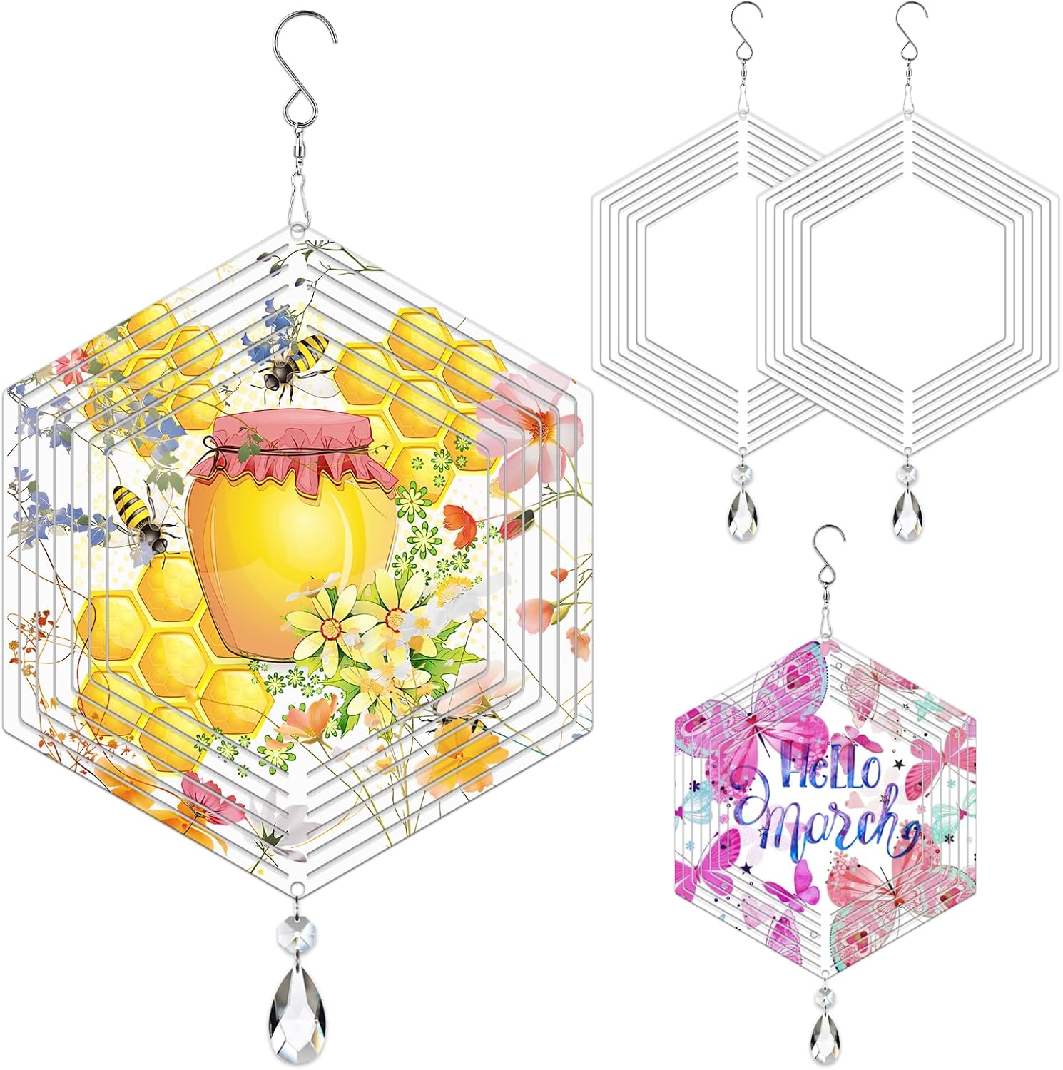 4Pack 8inch Sublimation Wind Spinner Blanks 3D Aluminum Metal Wind Sculpture Kinetic Spinners for Yard and Garden Indoor Art Ornaments Hanging Decoration (Hexagon)