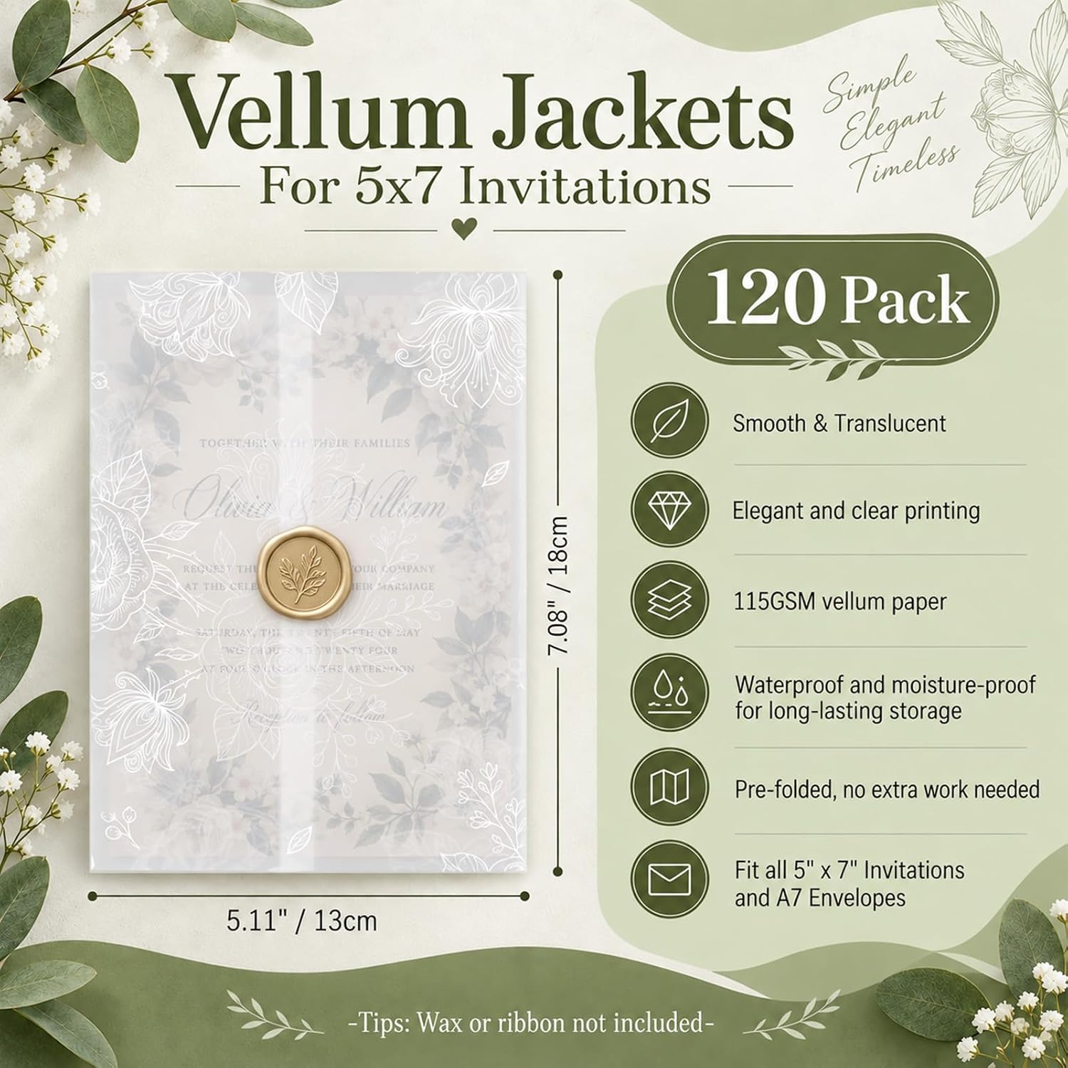 120 Pcs Floral Vellum Jackets for 5x7 Invitations Vellum Sleeves 115GSM White Translucent Invitation Covers Invitation Wraps DIY Wedding Accessories Kit for Bridal Baby Shower Birthday