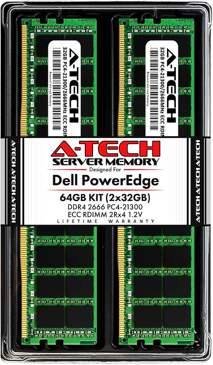 A-Tech 64GB (2x32GB) Memory for Dell PowerEdge R440, T440, R540, R640, T640, M640, FC640, R740, R740XD, R940, C6420 | DDR4 2666MHz ECC RDIMM PC4-21300 2Rx4 1.2V 288-Pin DIMM Server RAM Upgrade Kit