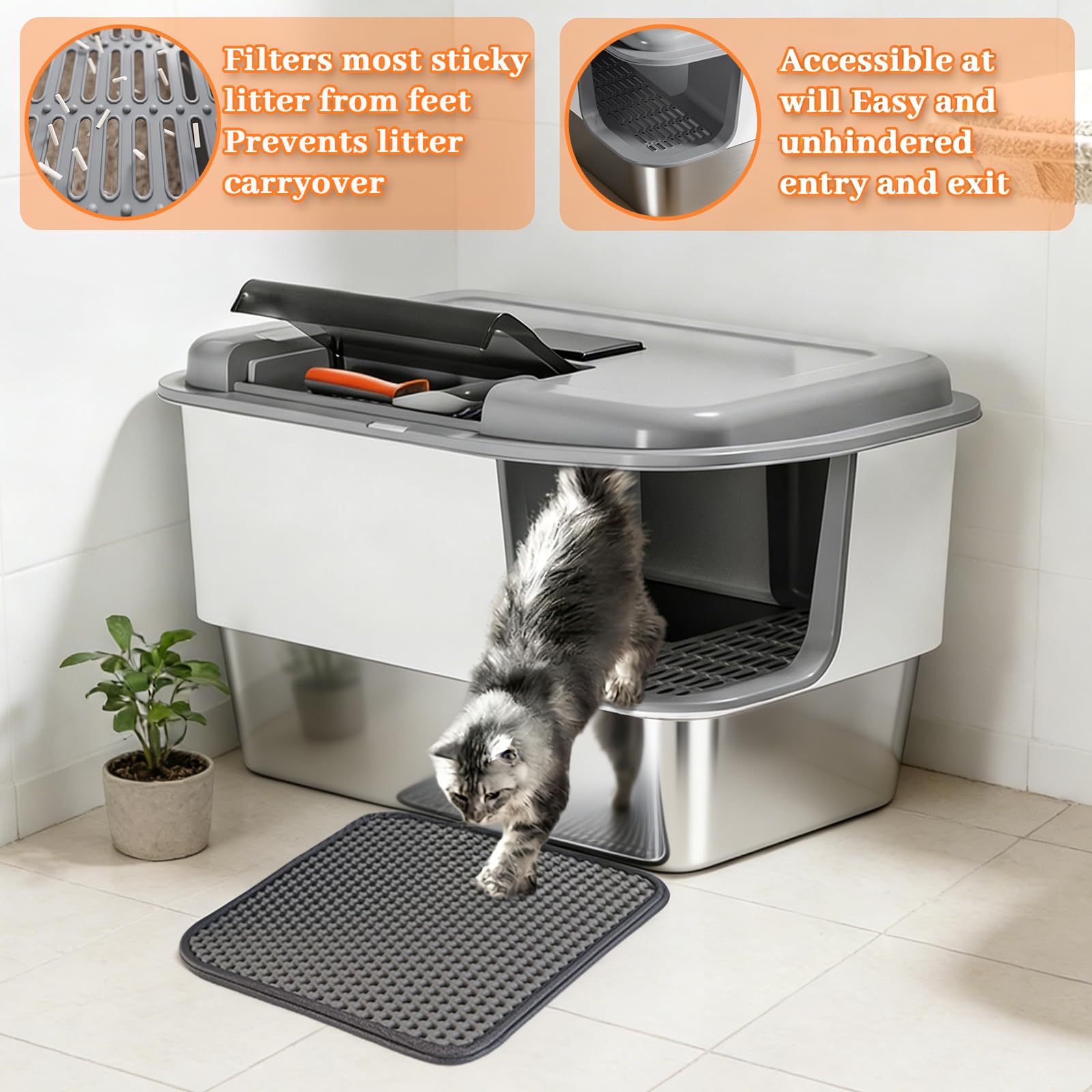 XXL Stainless Steel Litter Box With Litter Mat and Litter Scoop , Extra Large 25.98"L*18.5"W*15.35"H Cat Litter Boxs, Jumbo Enclosed Removable Litter Box High Sides For Big Cats, Easy to Clean（Gray） - image 4