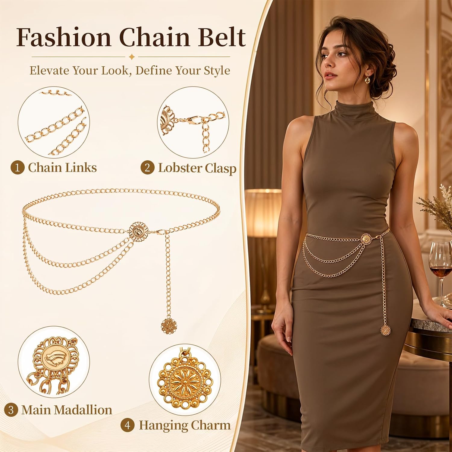 3 Pack Multilayer Metal Waist Chain for Women, Gold Chain Belt & Western Belt Set, Adjustable Gold Belts for Women Boho Cowgirl Chain Belt for Dresses Jeans Daily Wear