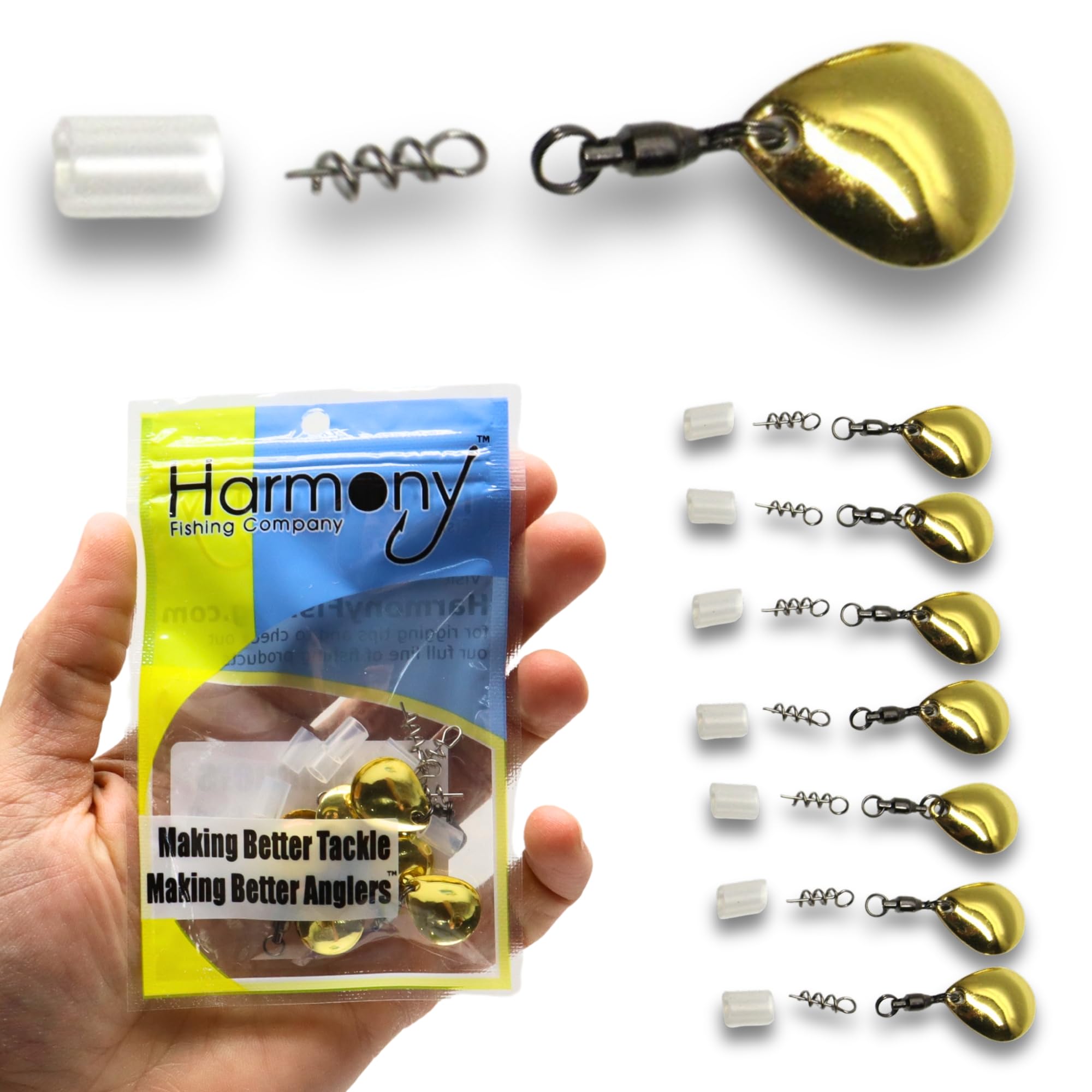 Harmony Fishing Company - [7 Pack] Tail Spinners (Hitchhikers for Soft Plastic/senko Fishing Lures, Willow or Colorado Blade) (Colorado Blade (7 Pack, Gold))