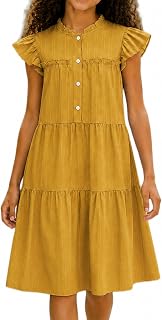 Tween Girl Ruffle Square Neck Flutter Puff sleeves button tiered Midi dress