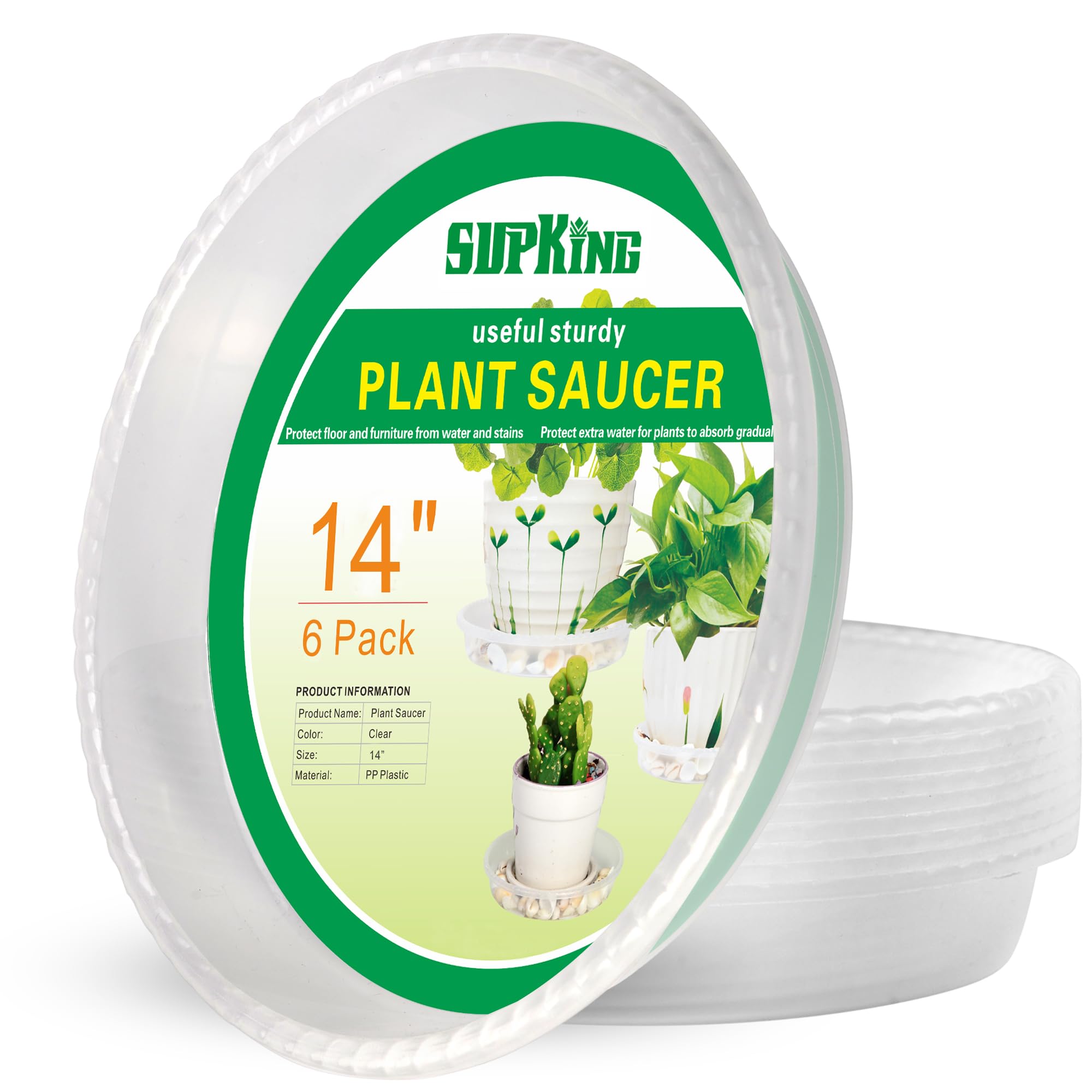 SupKing Large Plant Saucers Drip Tray 6 Pack, 6 8 10 12 14 15 Inch Heavy Sturdy Plastic Flower Pot Saucers for Indoor,Clear Plastic Planter Water Tray