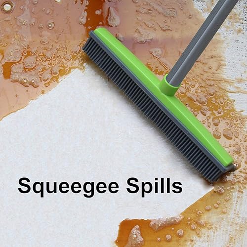 Miniatura 6 de LandHope Escoba de empuje de mango largo, cerdas de goma, escoba barredora con borde de 59 pulgadas, no raya, escoba para mascotas, gatos, perros,