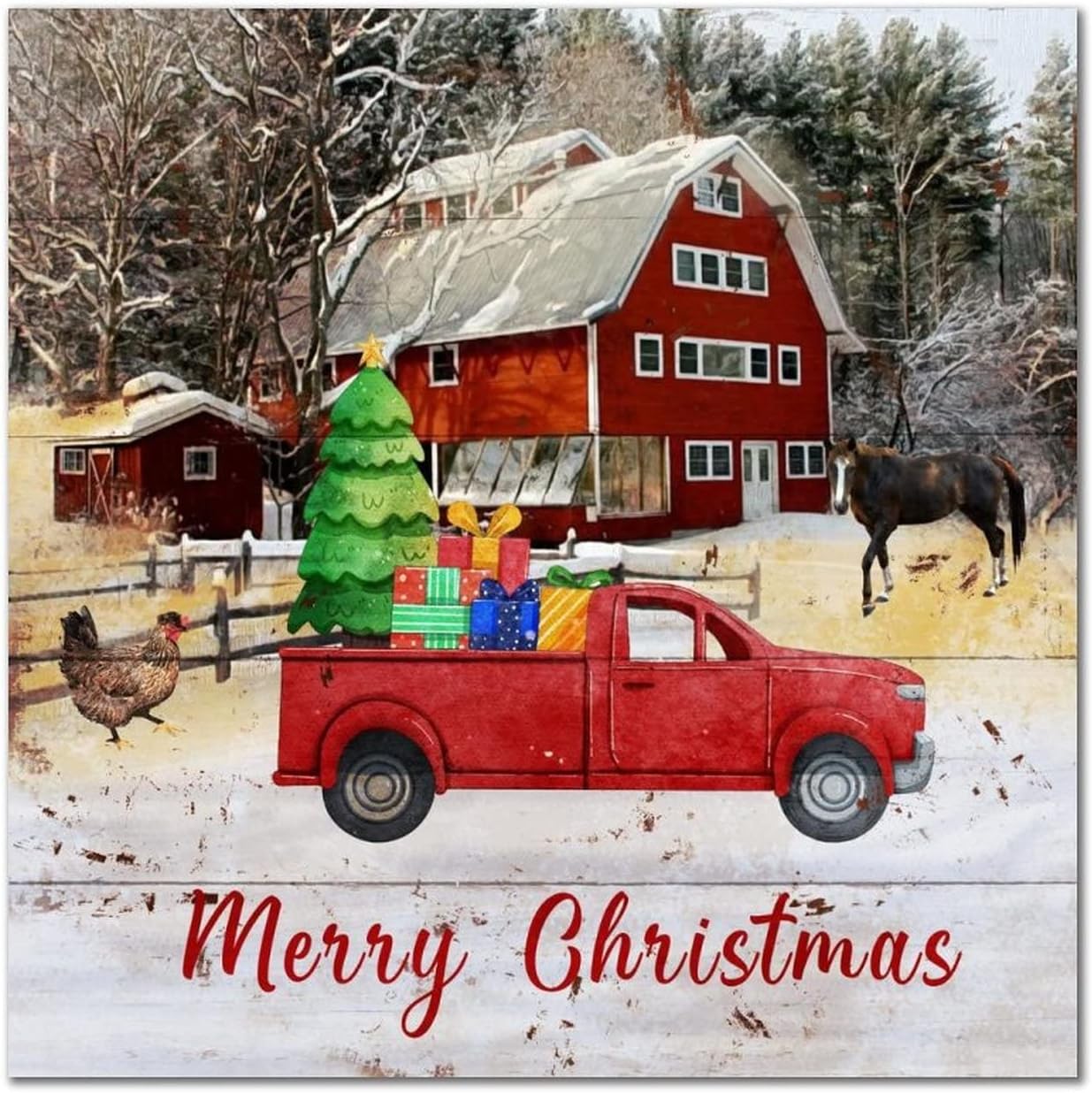 Merry Christmas Farm Barn Wooden Signs Red Truck Farm Rooster Horse Wood Plaque Farmhouse Merry And Bright Wooden Wall Art Decoration For Home Front Door Entryway Porch Housewarming Gift 16x16in
