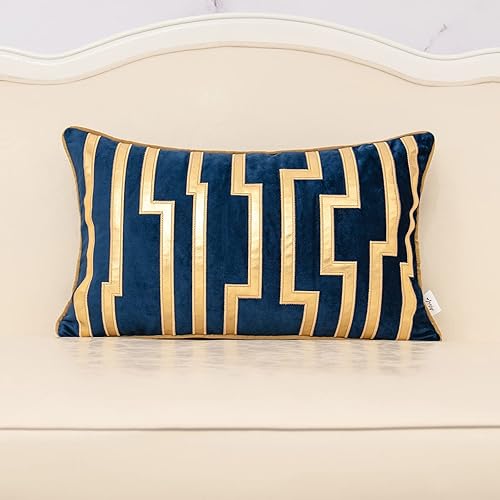 Alerfa Gold Leather Striped Navy Blue Throw Pillow Cover 12x20