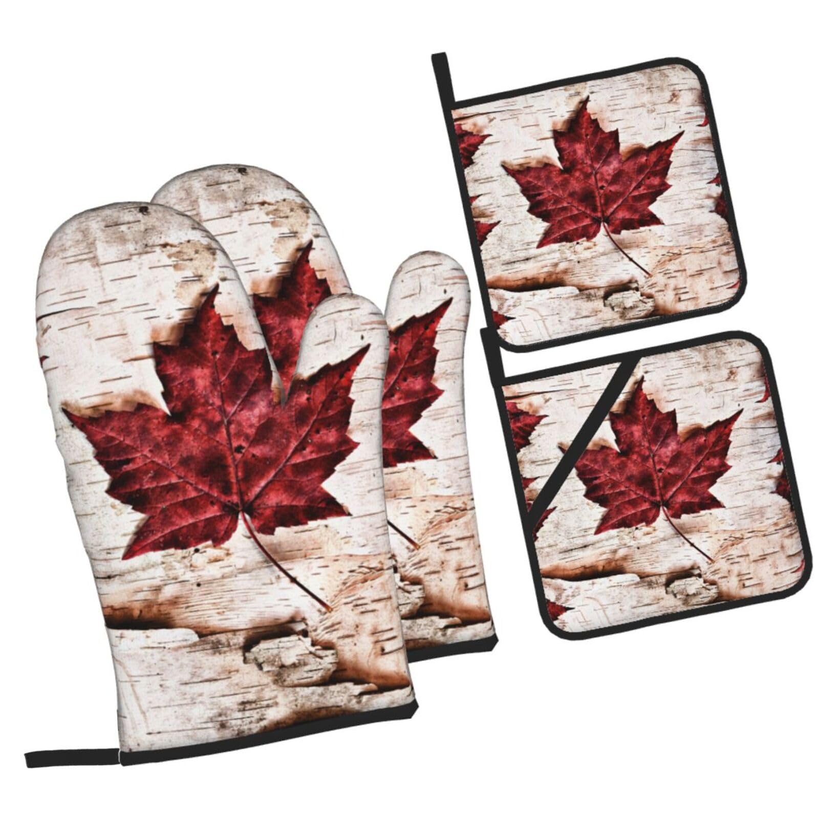 Canada maple leaf Printed Oven Mitts and Pot Holders Heat Resistant Set of 4 Pcs, Modern Kitchen Gloves & Potholders for Cooking Baking Grilling