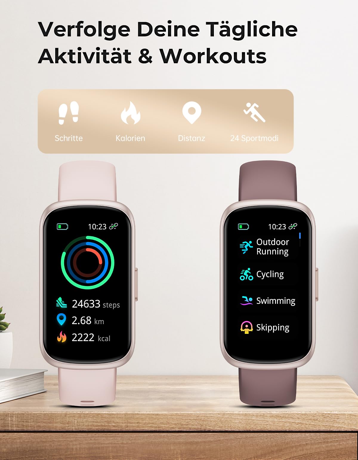 Smartwatch Damen Herren - 3 Armbänder, 1,47'' Klein Fitnessuhr als Fitness Tracker Aktivitätstracker Pulsuhr SpO2 Schlaftracker Schrittzähler Sportuhr für Android iOS, Roségold/Rauchviolett