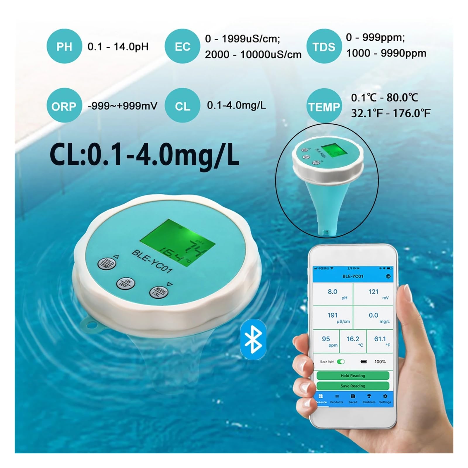 Detektor Jakości Wody 6w1 PH EC TDS ORP Temperatura Chloru Wielofunkcyjny Tester APP Monitor Online Do Basenu