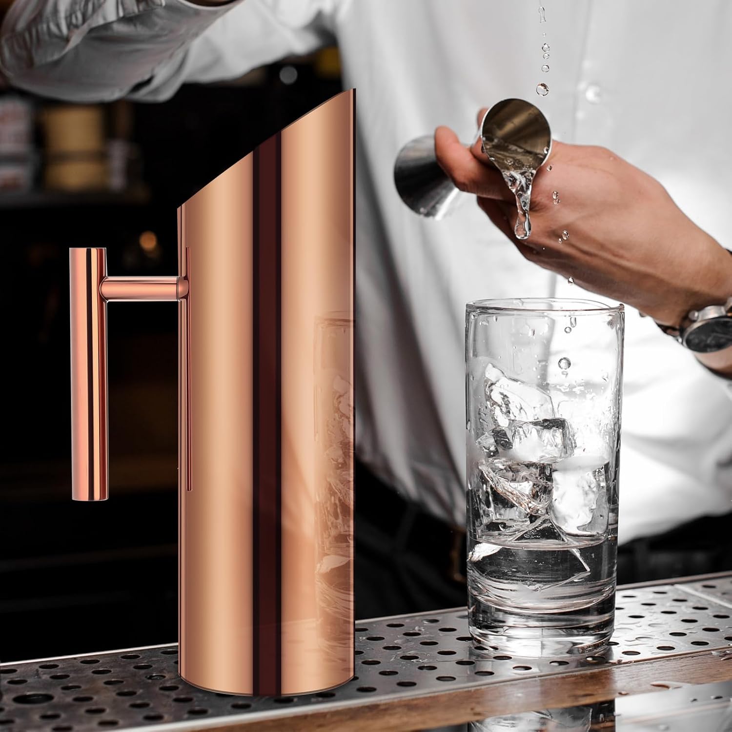 Funnymoom 3 Pack 53oz/1.5l Stainless Steel Water Pitcher Modern Metal Pitcher with Ice Guard Silver Carafe Drink with Handle or Iced Hot Drink Tea Juice Coffee Beer (Rose Gold)