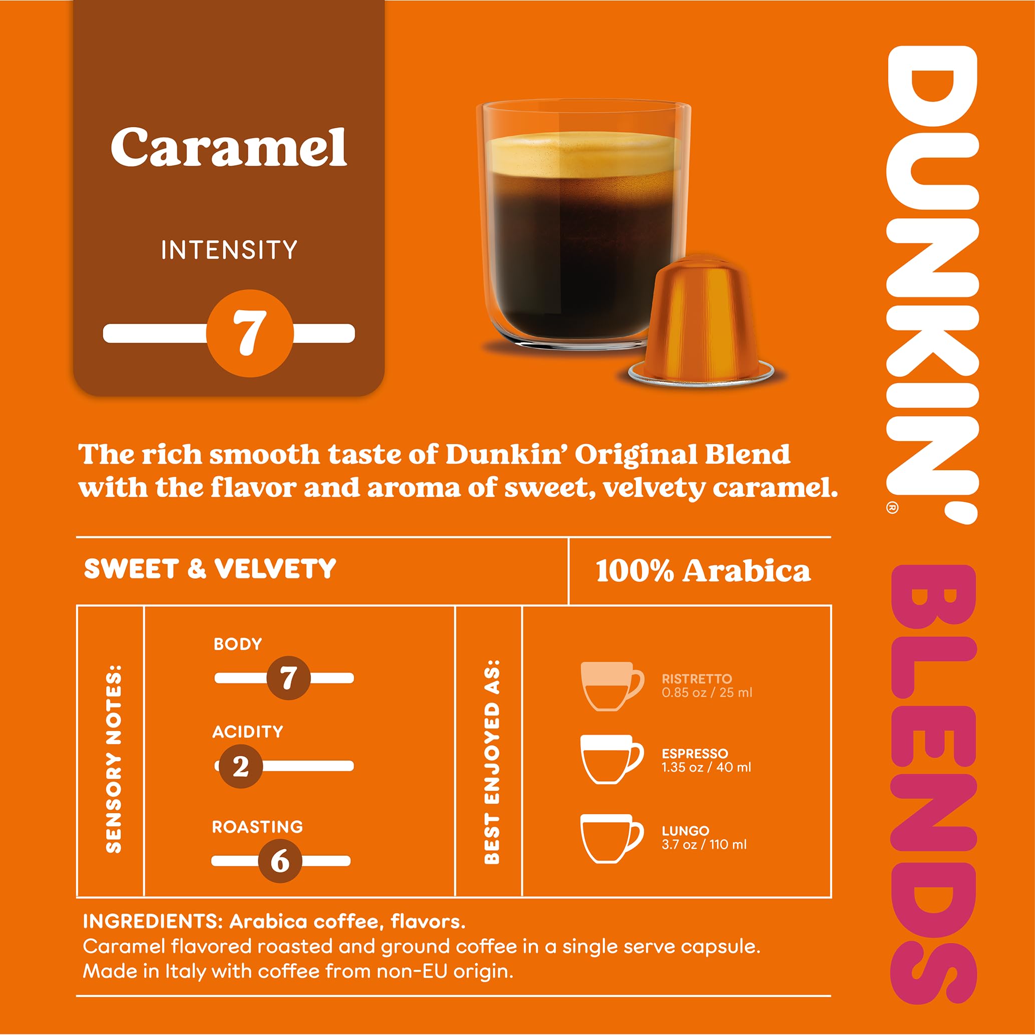 Café Caramel Dunkin' Donuts – 100 cápsulas de café, compatibles con las máquinas de cápsulas Nespresso – Tostado ligero con un toque de caramelo – Café cremoso, cremoso y aromático