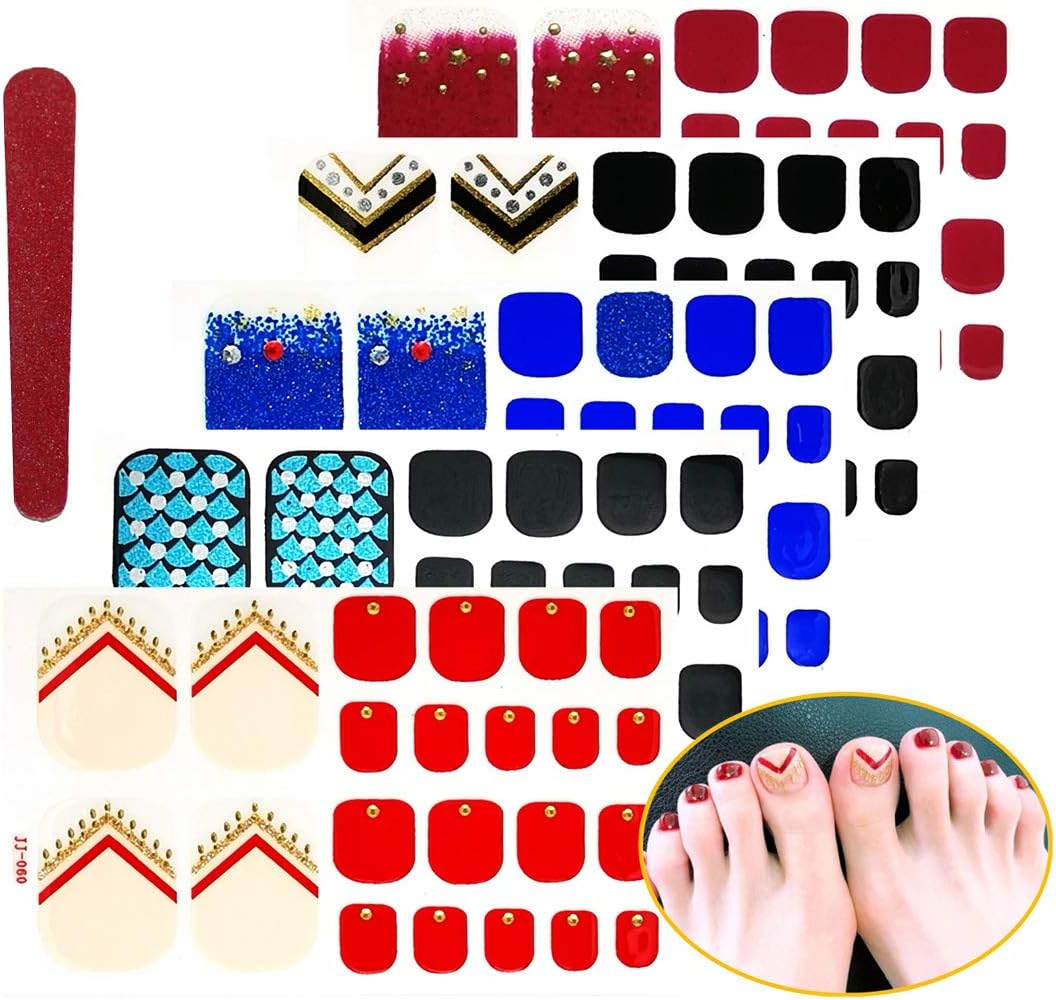5 Sheets Adhesive Toenail Art Decals Tips Full Toe Nail