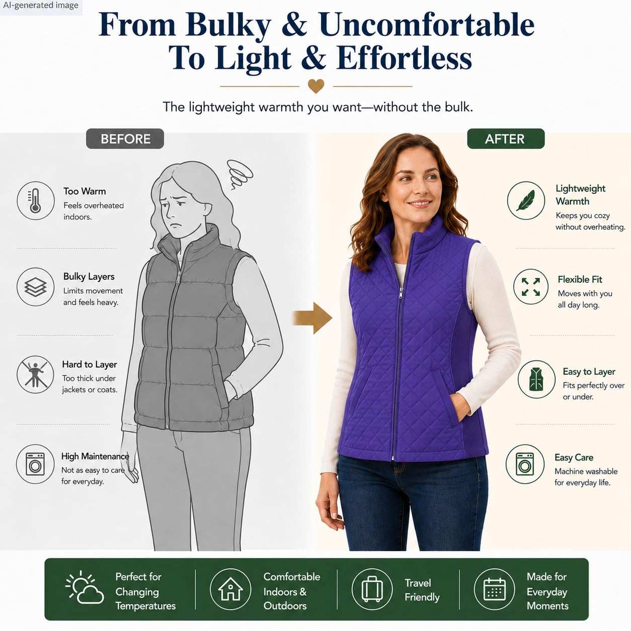 Bienzoe Gilet matelassé décontracté pour femme : veste légère et pliable sans manches, violet, 3X-Large