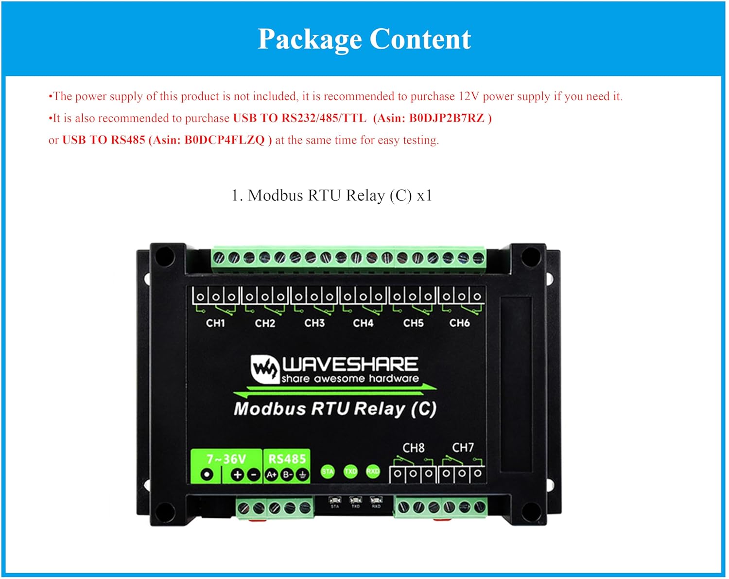 8-Channel RS485 Magnetic Latching Relay Board, Modbus RTU Protocol, 7V~36V, with Multi Isolation Protection Circuits, Rail-Mounted Case, Sending Modbus RTU Protocol Commands via RS485