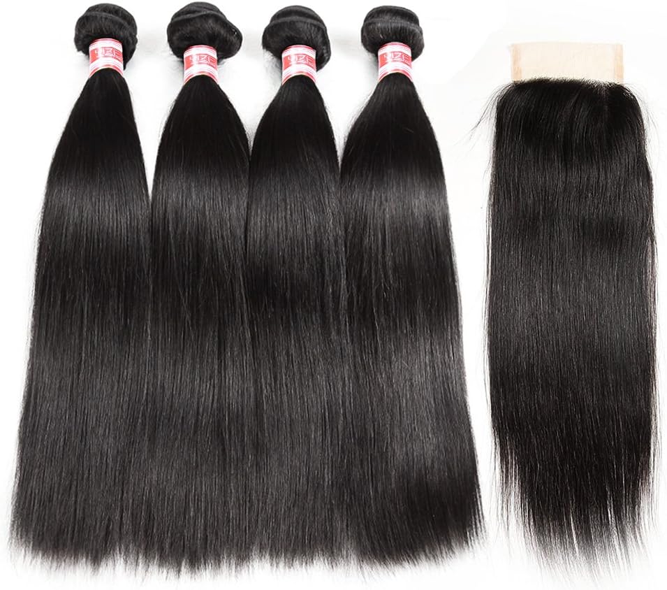 Hermosa Brazilian Straight Hair 4 Bundles with Closure 9A Unprocessed Virgin Brazilian Hair Straight Human Hair Bundles with Closure Natural Black (10 12 14 16 with 8 closure)