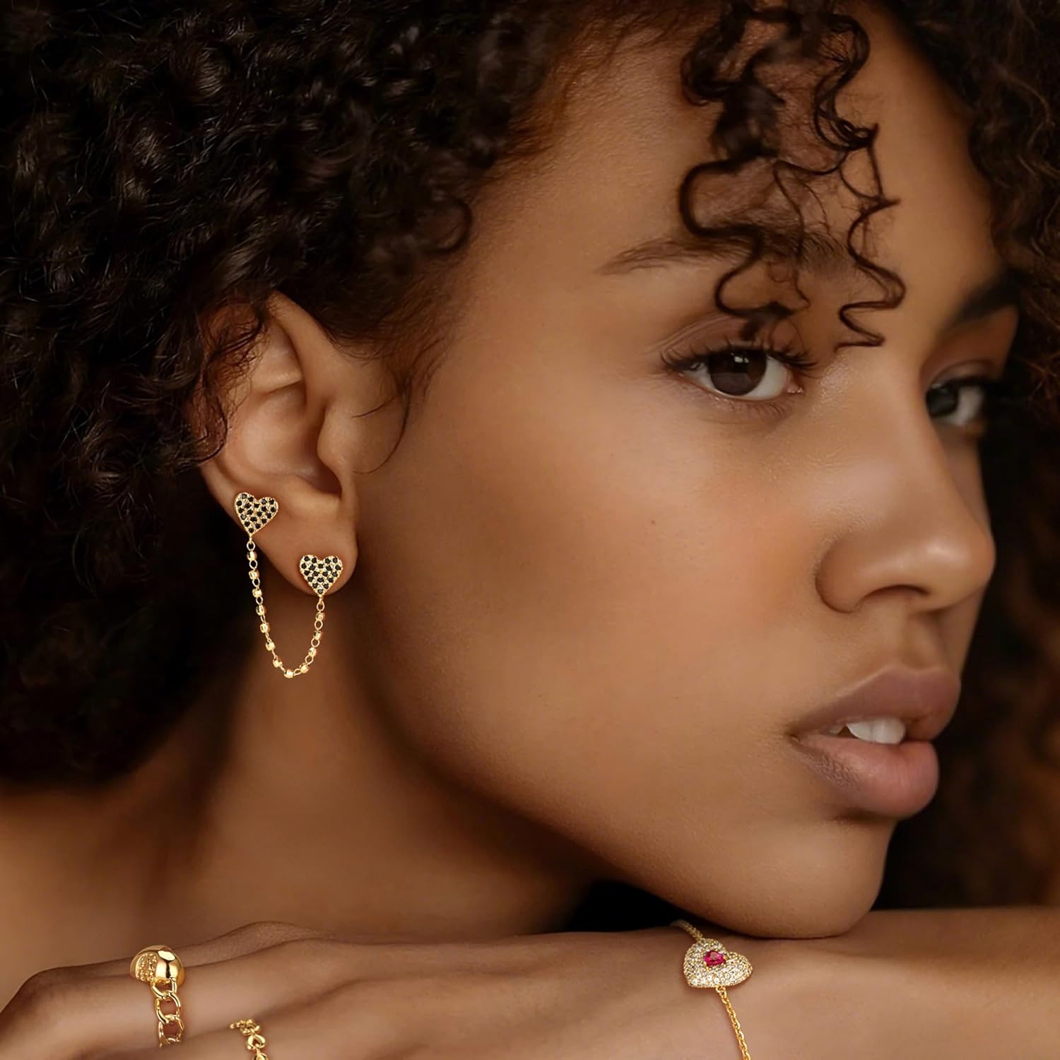 FETTERO Gold Chain Earrings for Women Double Piercing Earrings 14K Gold Plated Trendy Dainty Hypoallergenic Studs CZ Heart Earrings for Sensitive Ears Drop Dangle Earrings for Women Jewelry - Image 2