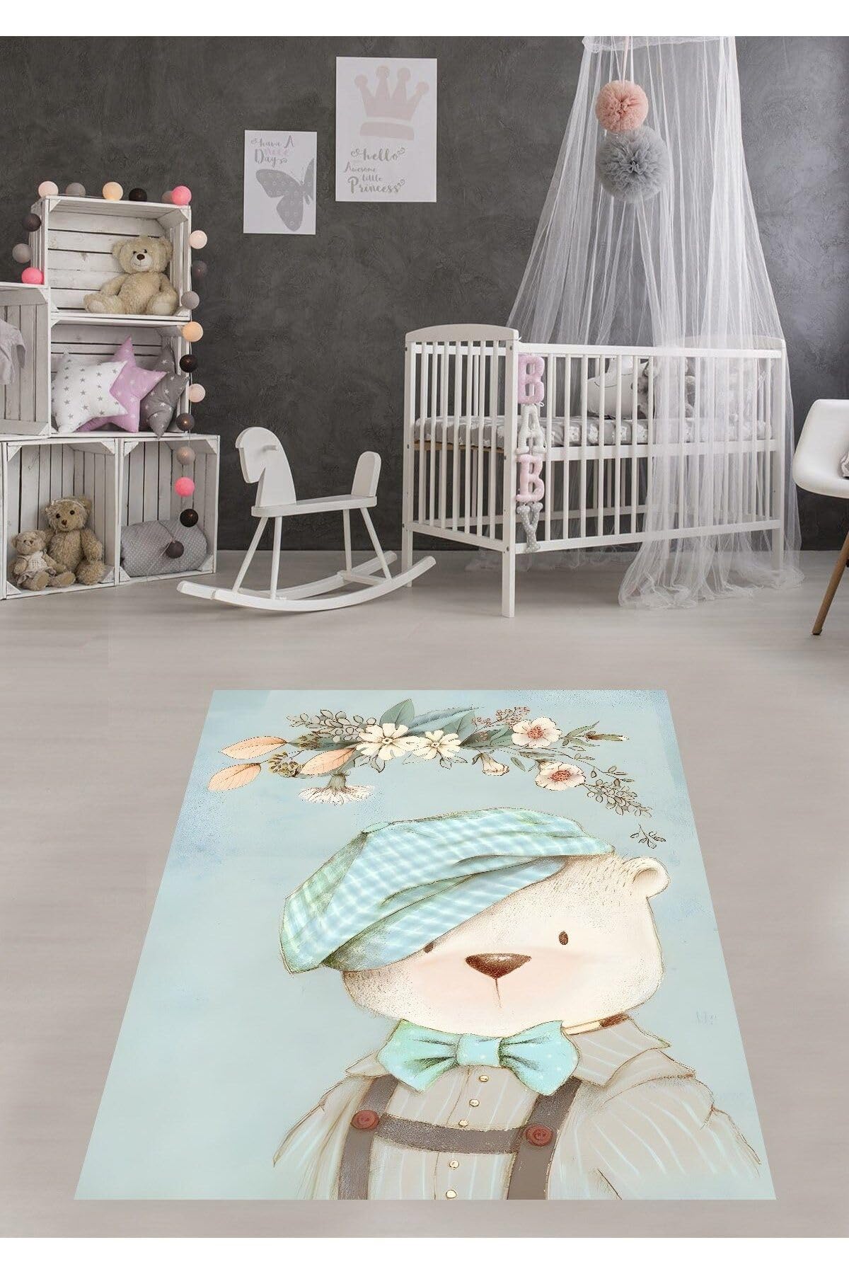 Pelangi Şapkalı Papyonlu Ayıcık Desenli Yıkanabilir Kaymaz Taban Leke Tutmaz Çocuk Odası Halısık, Mavi-Gri 80 x 150