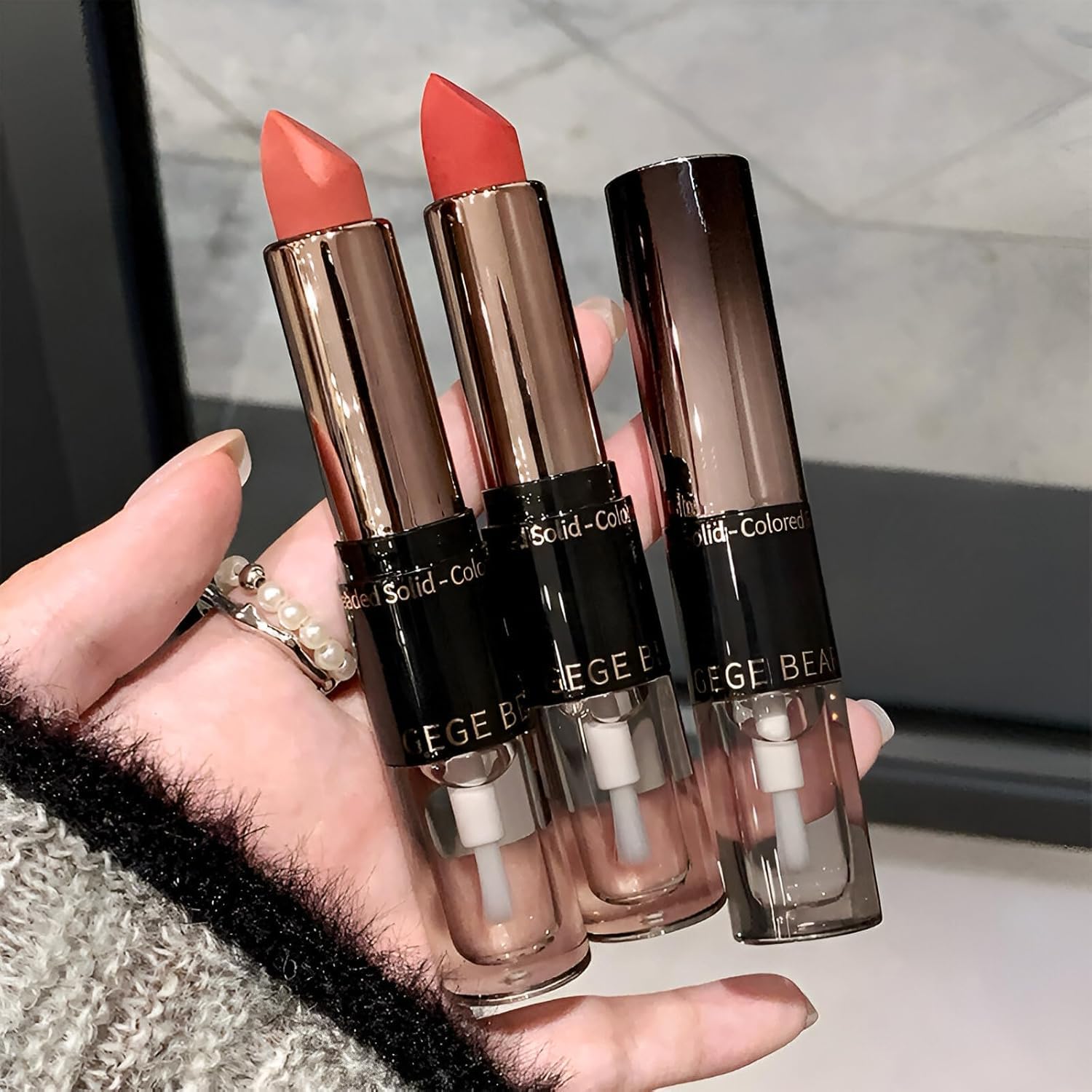 Gege Bear Matte & Gloss Lipstick Duo | Double-Headed Velvet Lipstick + Gloss Raincoat | Moisturizing & Long-Wearing | Non-Sticky Lip Glaze | Lightweight, Hydrating, Smudge-Resistant Lip Color | Light Pink to Red Lipstick Shades For Women Girls (04# Cherry Cheese, 3.8g)-image-40