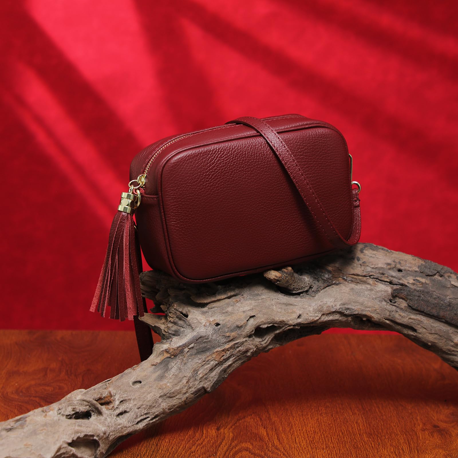 Italian Genuine Leather Tassel Crossbody Purse Soft Shoulder Handbag for Women Snapshot Camera Bag Lightweight Evening Bag (Red)