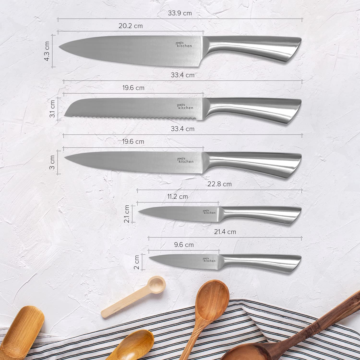 Joeji's Kitchen 5-in-1 Set coltelli da cucina set - Coltelli Professionali Inox ad alto tasso di carbonio - Set di Coltelli da Cucina Multiuso - Coltello da Pane Coltello da Cuoco
