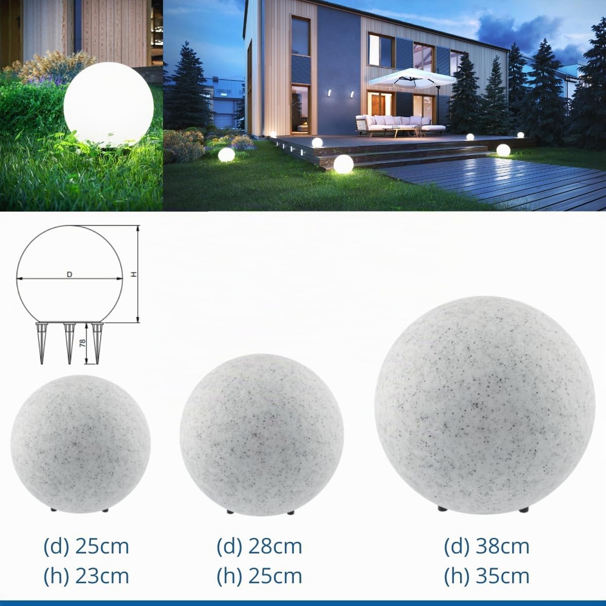 GTV - Attrezzatura da giardino MARMO Lampada a sfera per giardino, 25 cm, IP65, cavo di alimentazione lungo 3 m, 4 perni, grigio